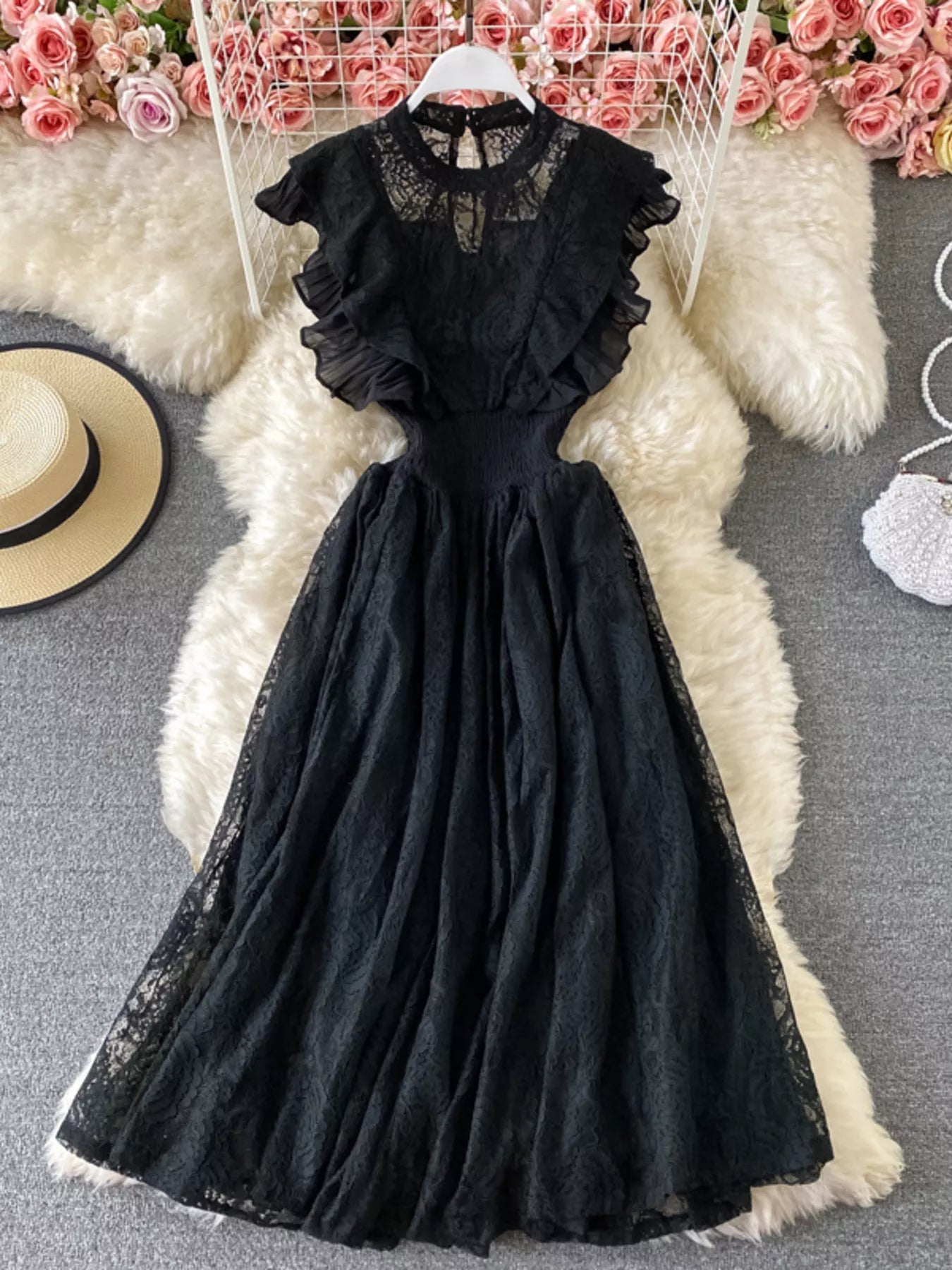 Ruffled Mock Neck Lace Maxi Dress