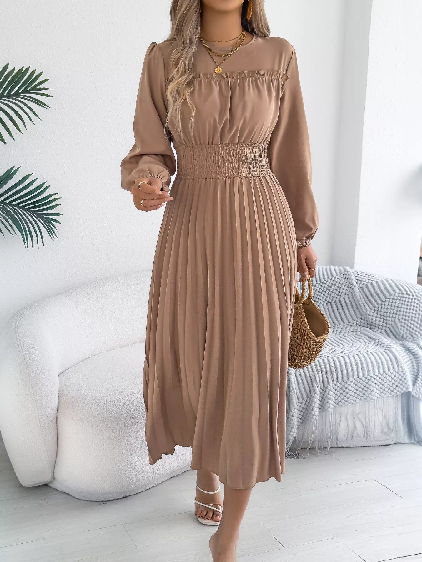 Smocked Pleated Long Sleeve Midi Dress