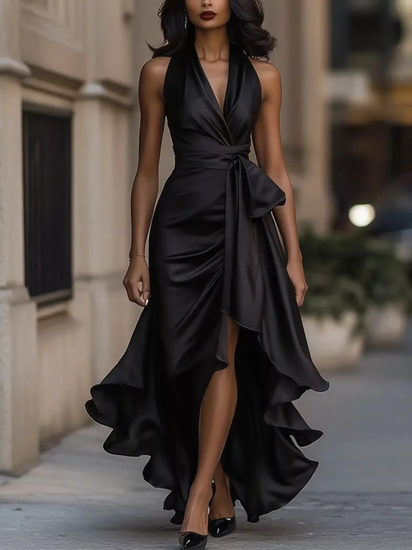Full Size High-Low Ruffled Satin Maxi Dress Plus Size