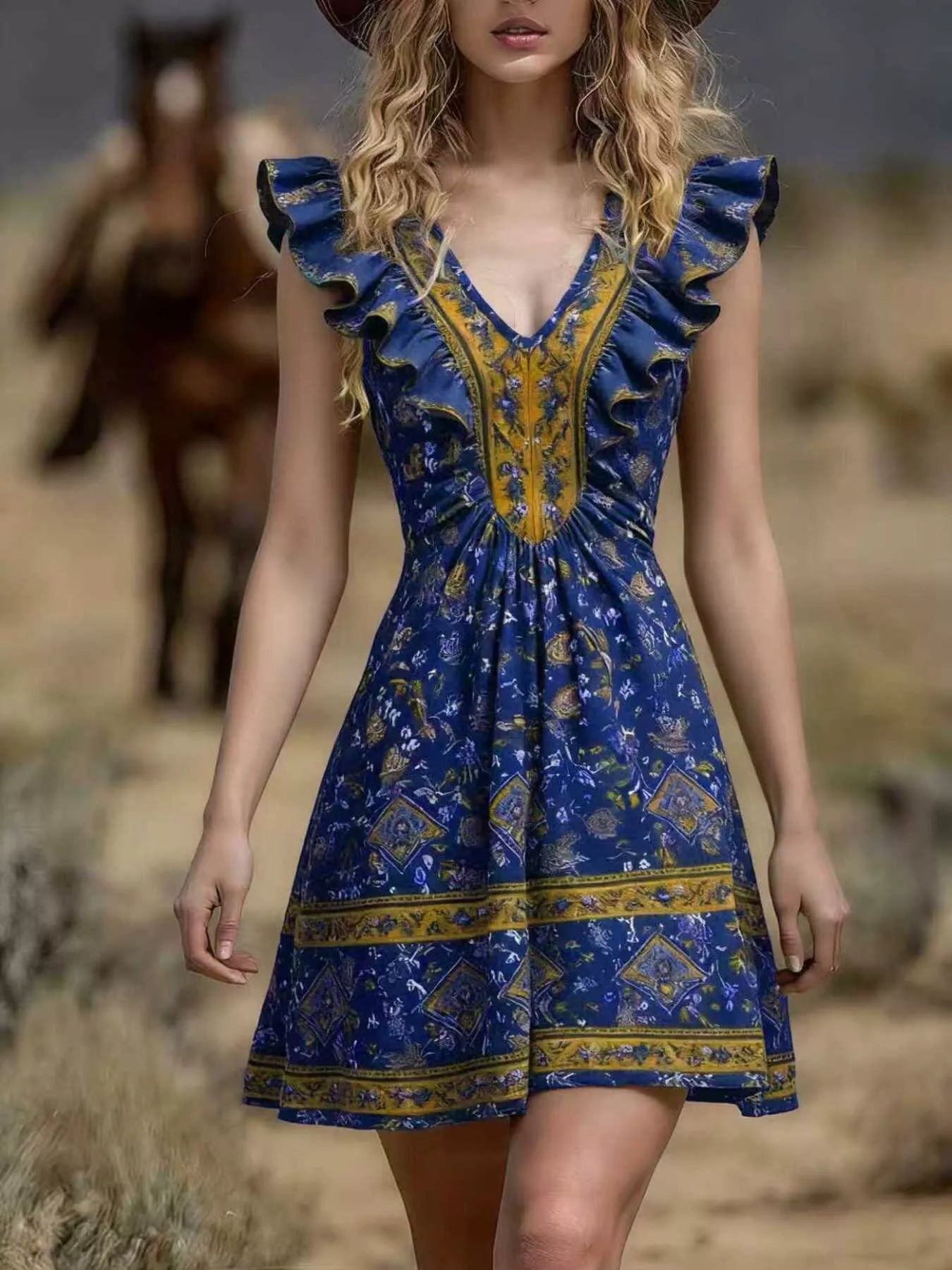 Ruffled V-Neck Mini Dress