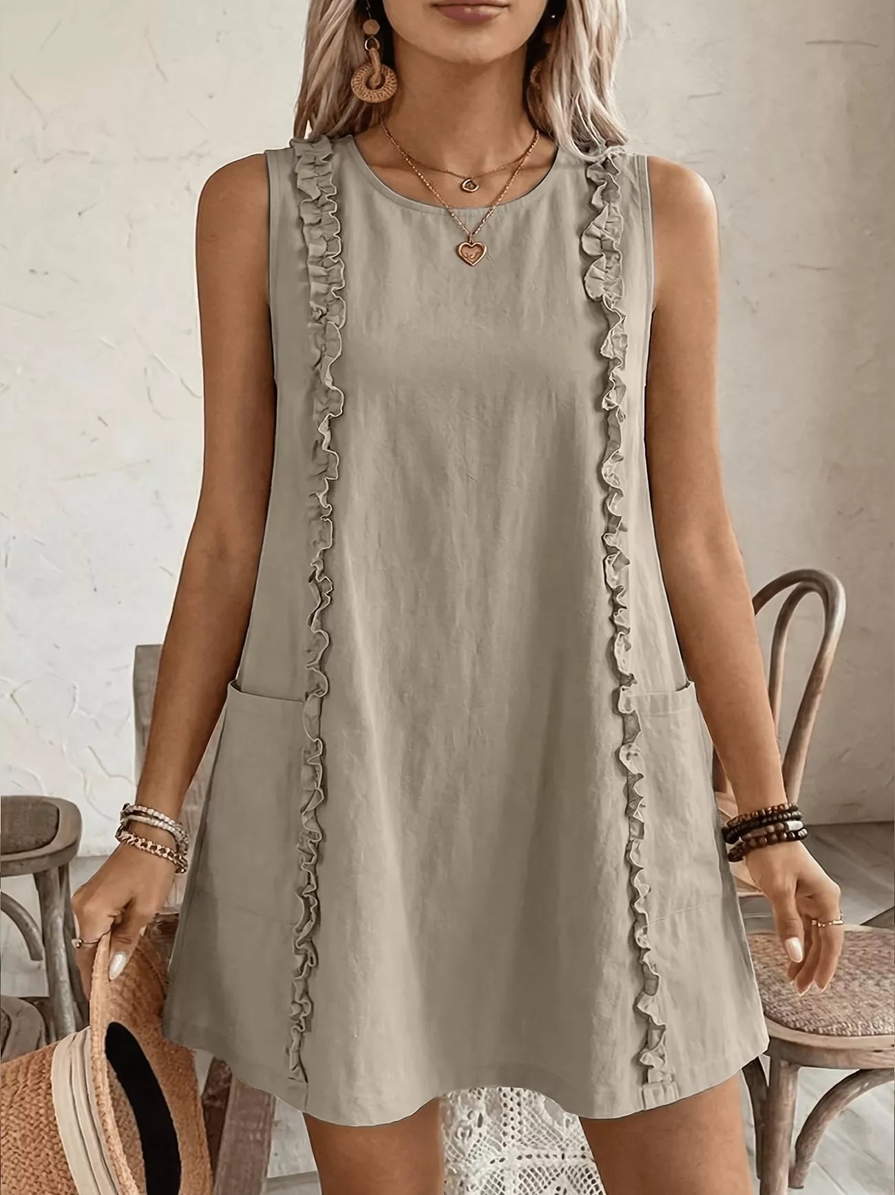 Frill Sleeveless Round Neck Dress