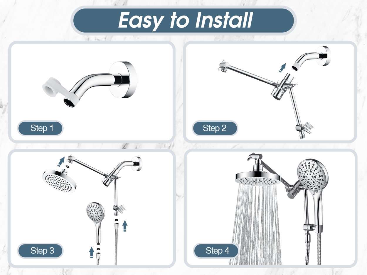 Dual Shower Head with Adjustable Extension Arm, 3-Way Diverter and Hose