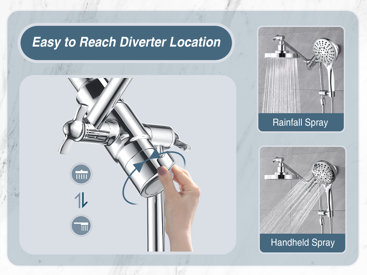 Dual Shower Head with Adjustable Extension Arm, 3-Way Diverter and Hose