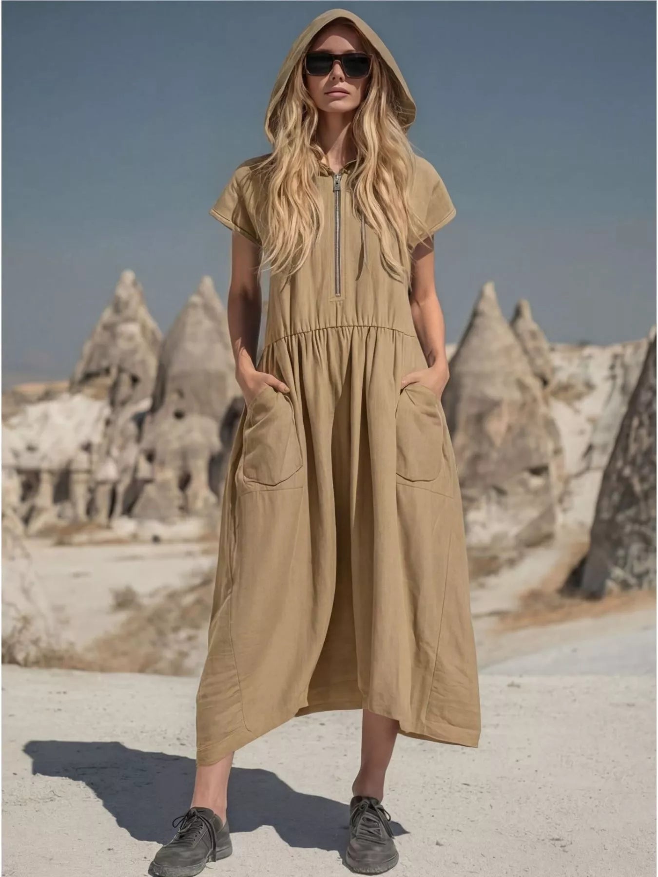 Full Size Hooded Midi Dress with Zipper and Pockets Plus Size