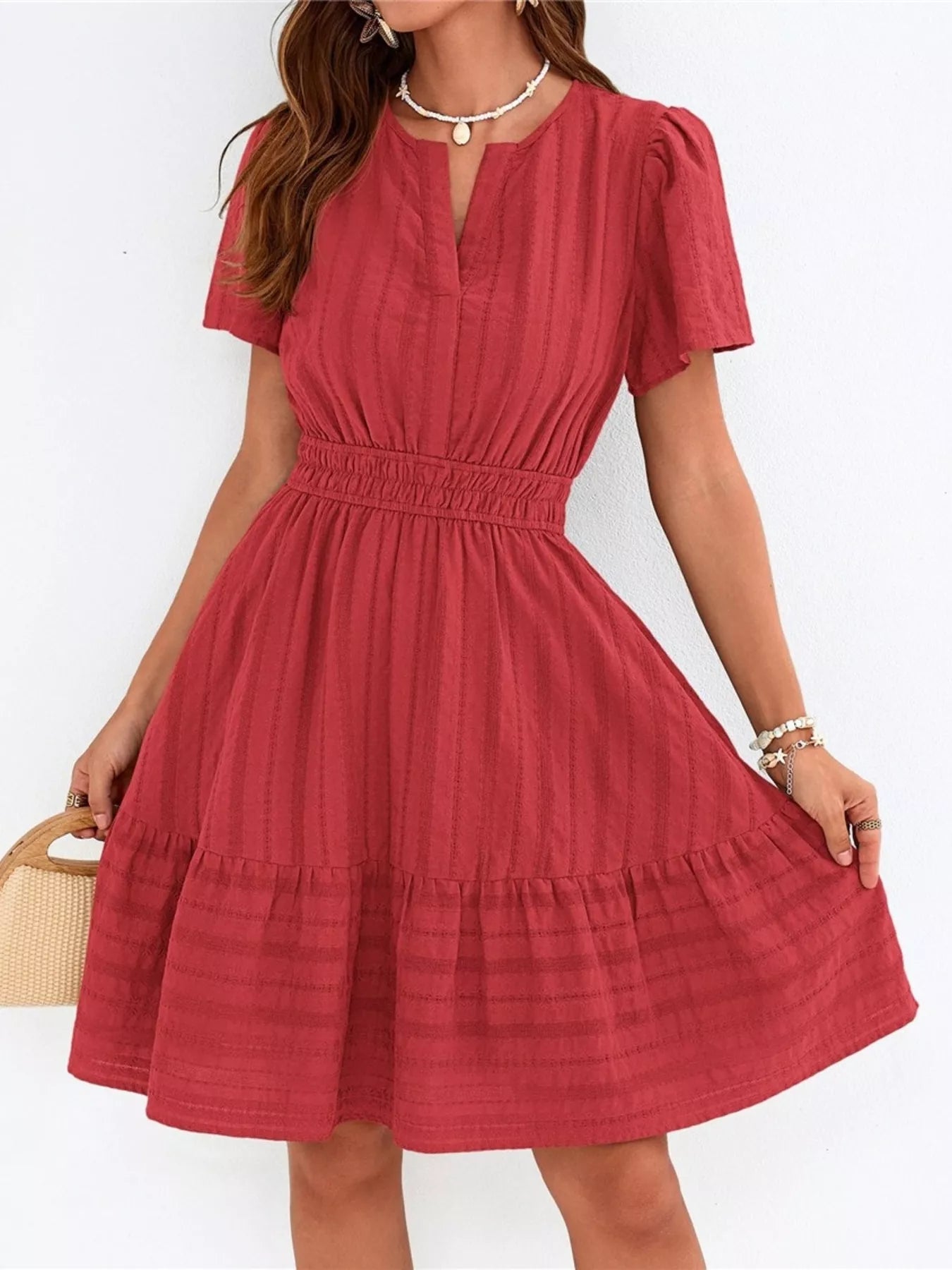 Short Sleeve Smocked Waist Tiered Dress