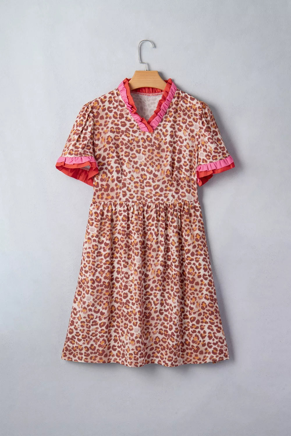 Leopard High Waist Ruffled Colorblock Trim Short Dress