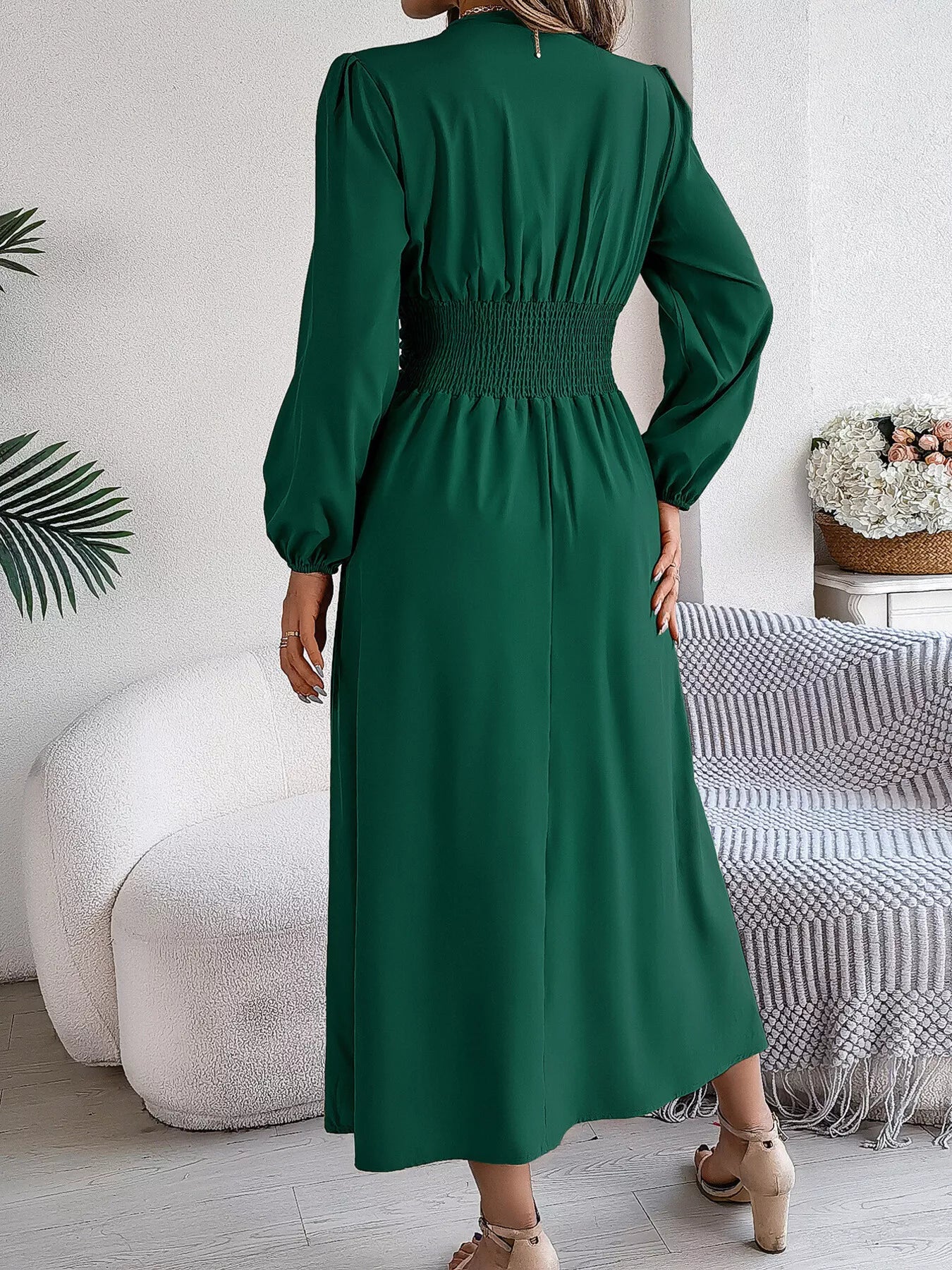 Slit Balloon Sleeve Midi Dress