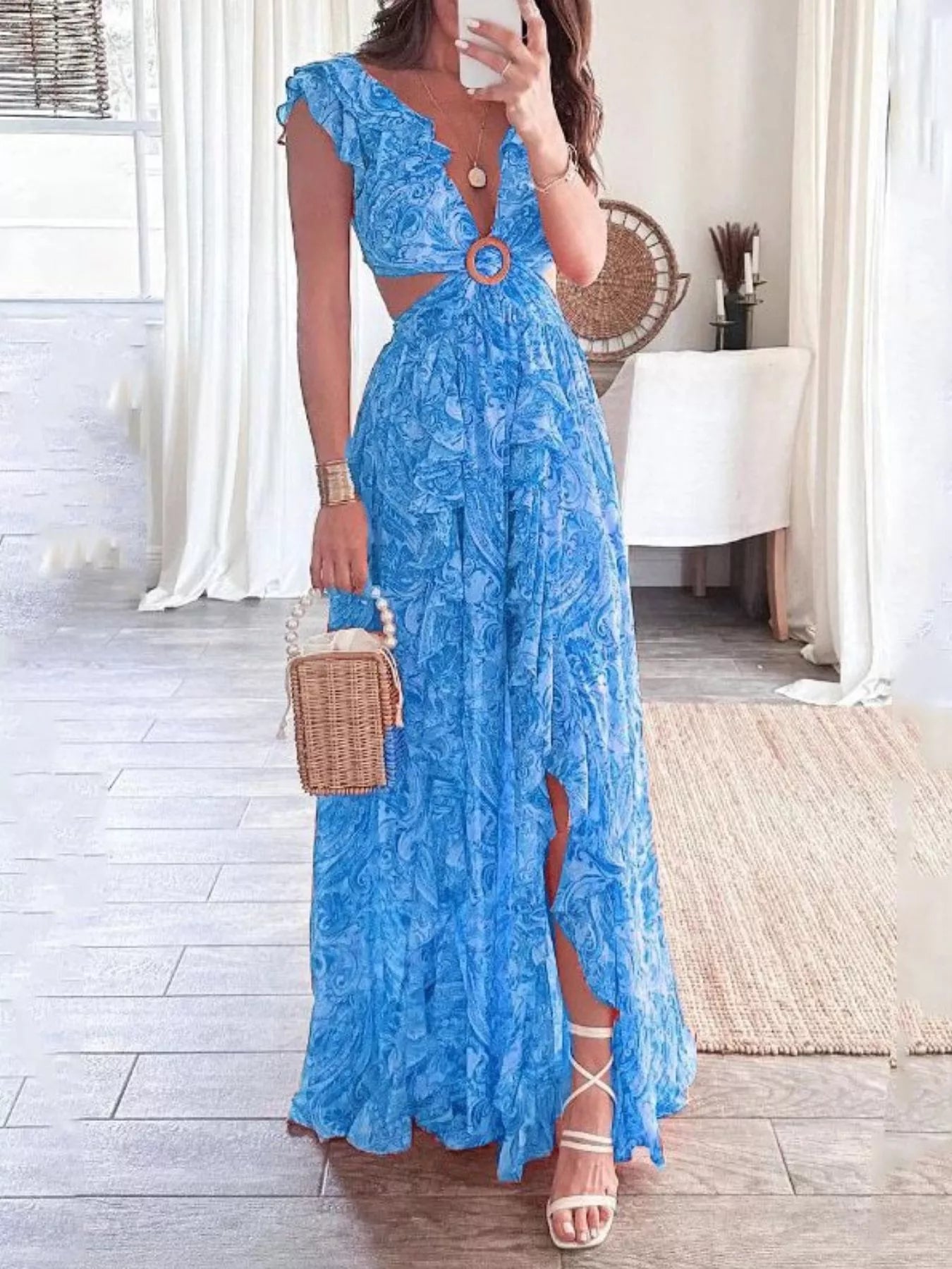 Full Size Ruffled Cutout V-Neck Maxi Dress Plus Size