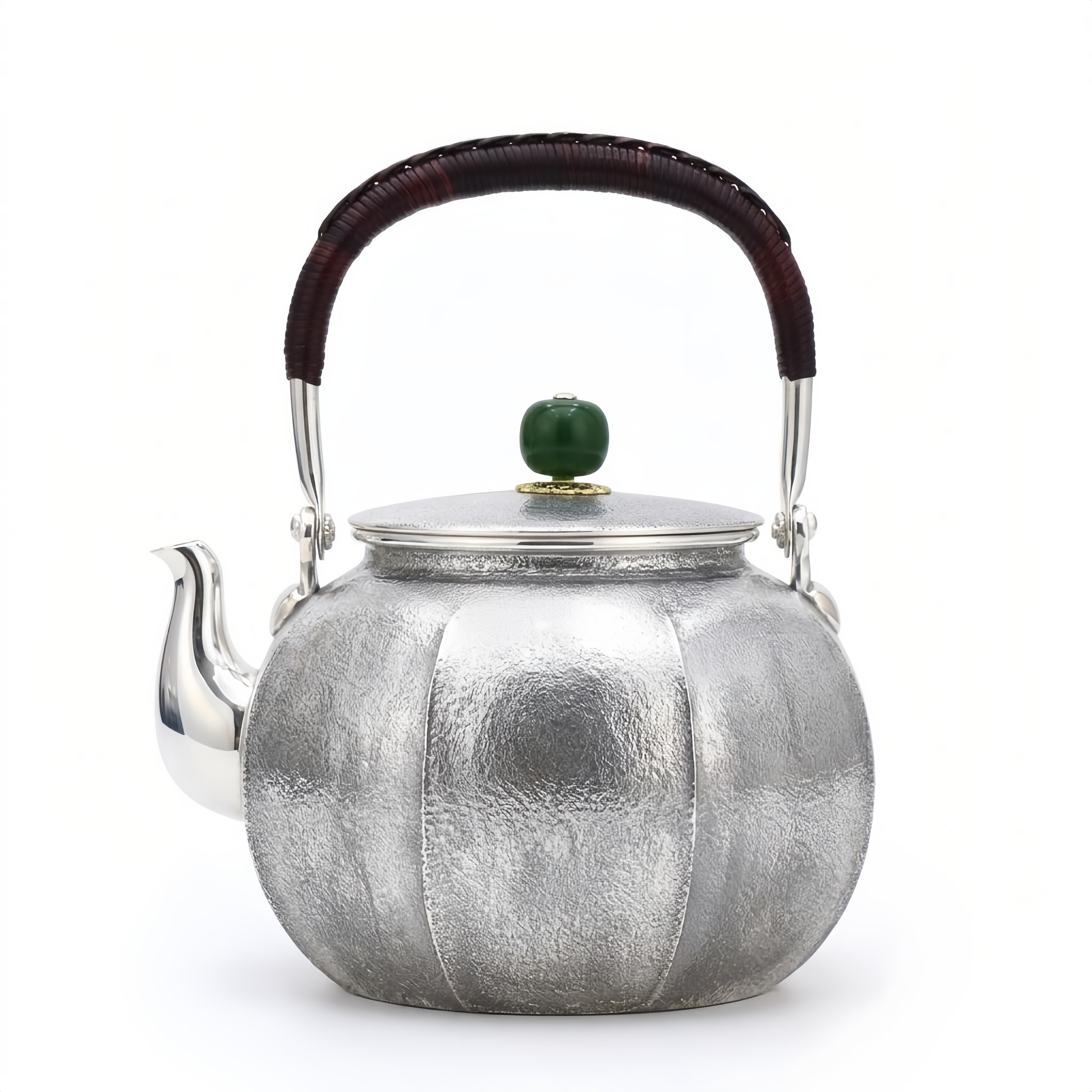 Pure 999 Fine Silver Handcrafted Hammered Silver Teapot with Jade Finial and Rattan Handle - Handicraft