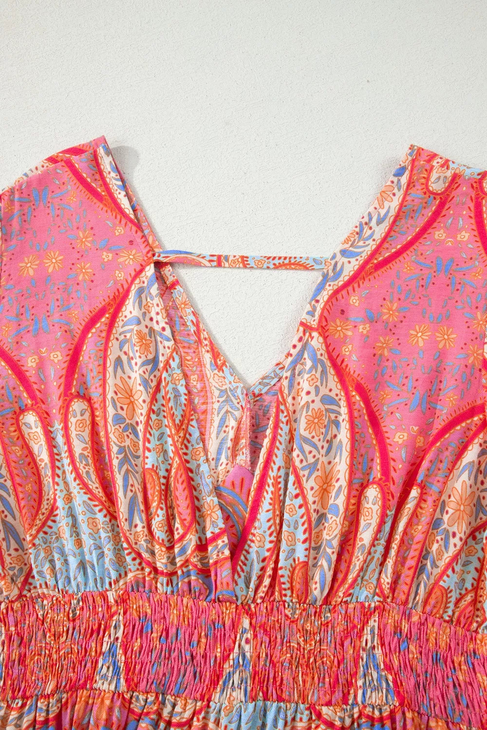 Paisley Print V-Neck Short Sleeve Boho Dress with Ruffle Details