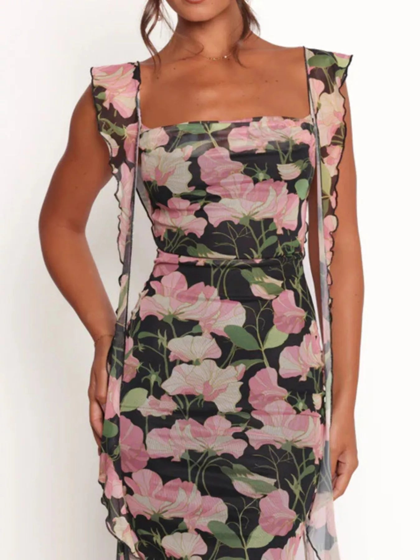 Floral Print Ruffle Trim Bodycon Maxi Dress