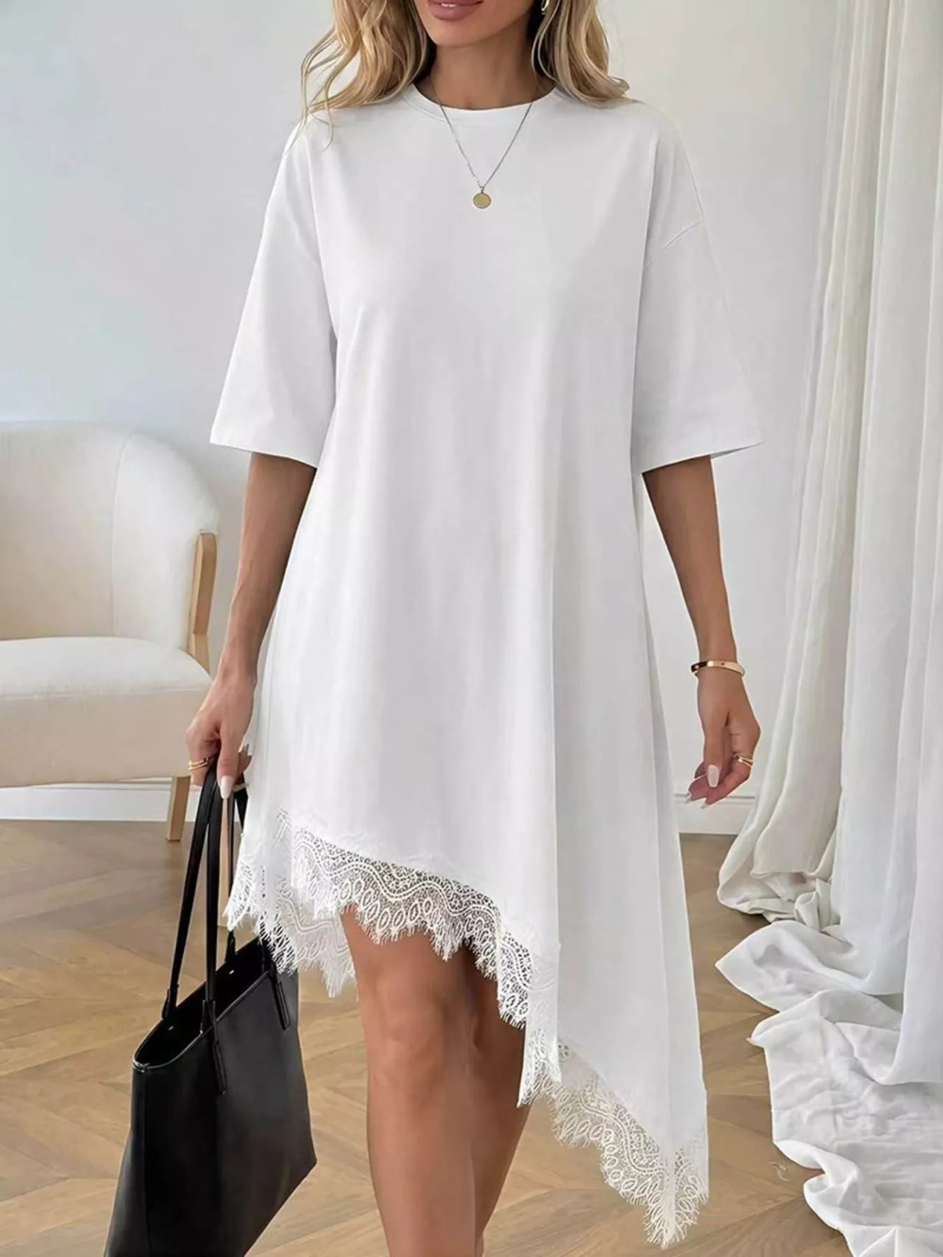 Lace Trim Asymmetrical Hem T-shirt Dress