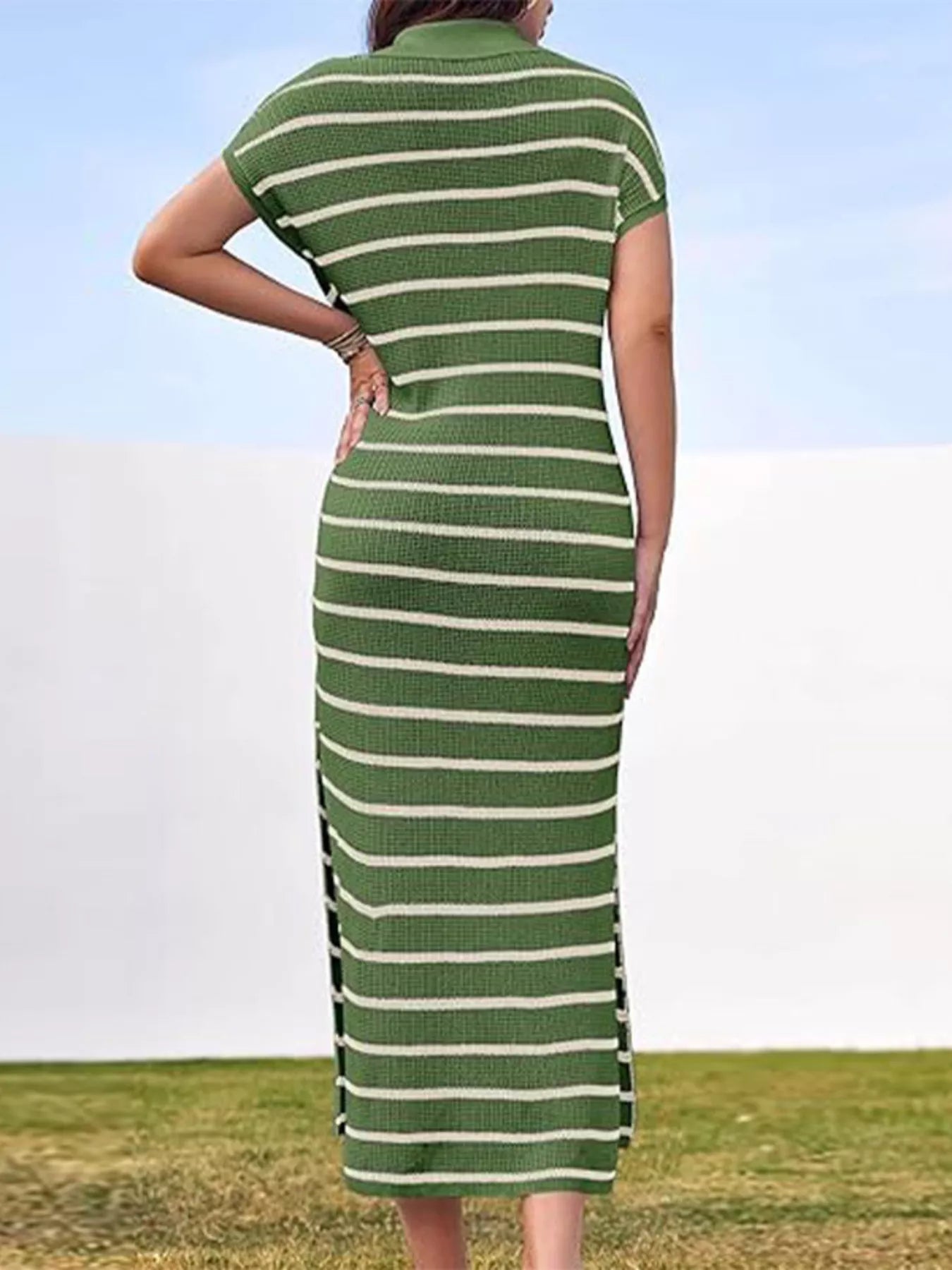Striped Knit Slit Short Sleeve Midi Dress