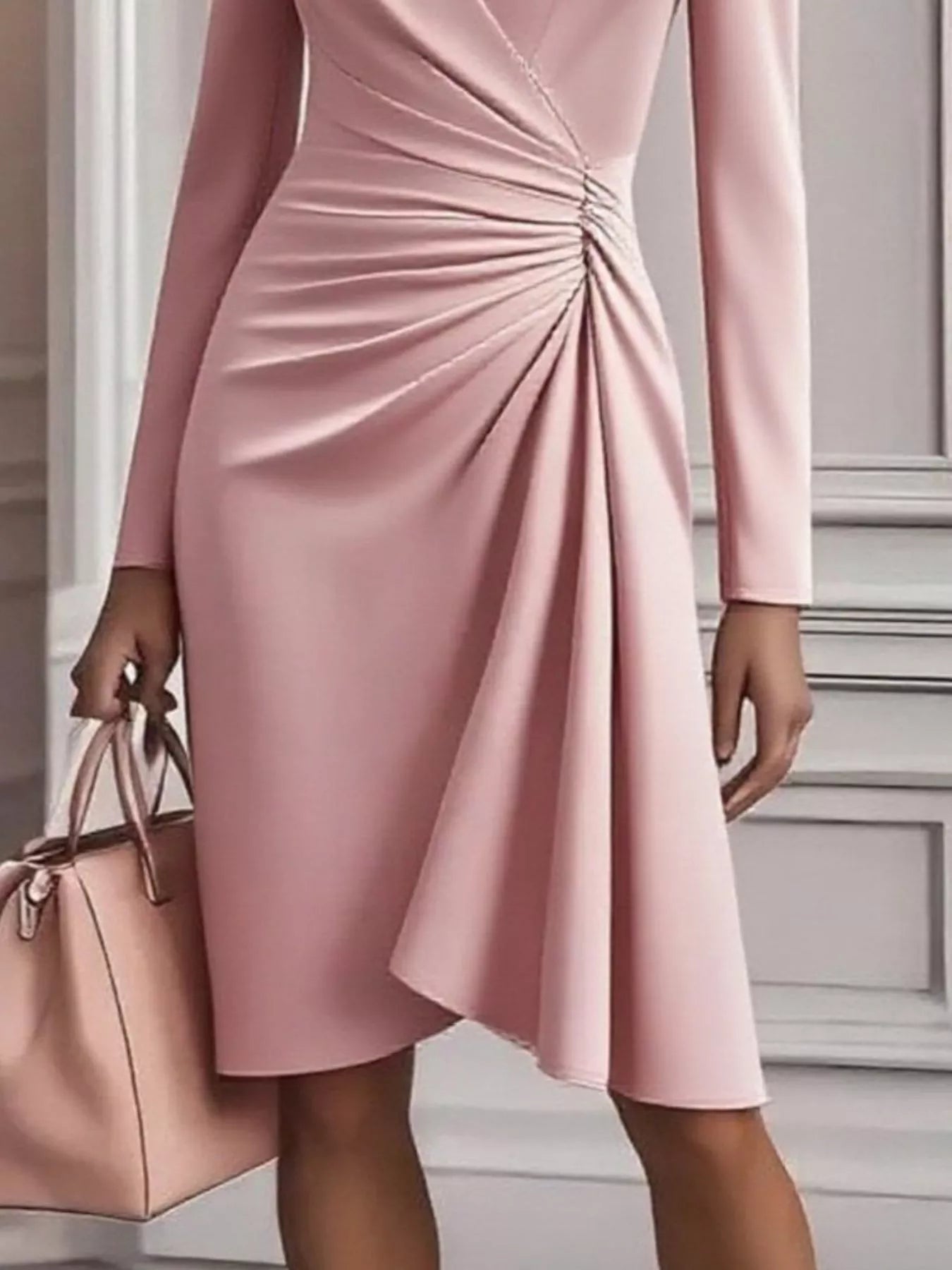 Front Ruched V-Neck Long Sleeve Dress