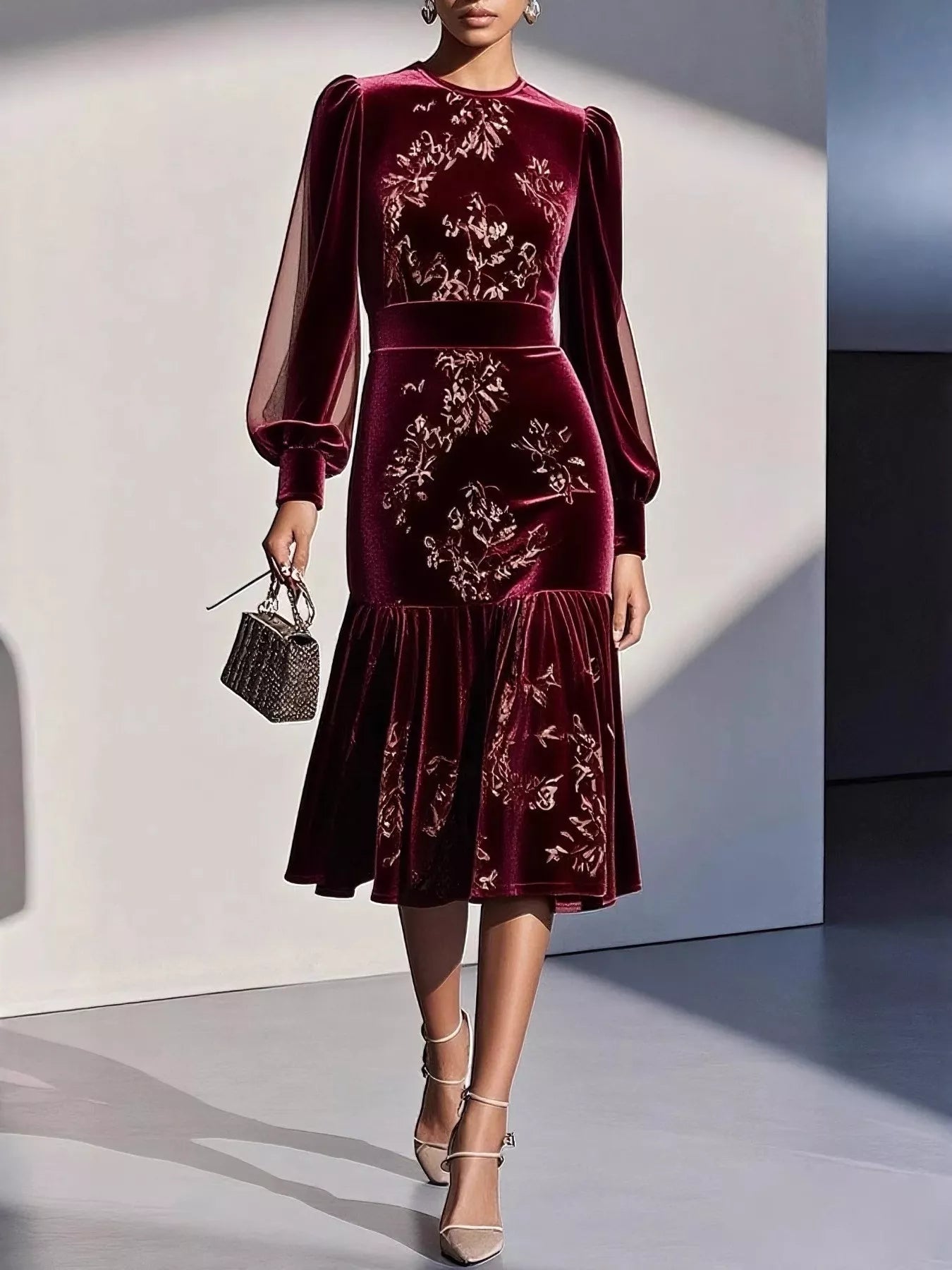 Velvet Floral Lantern Sleeve Midi Dress
