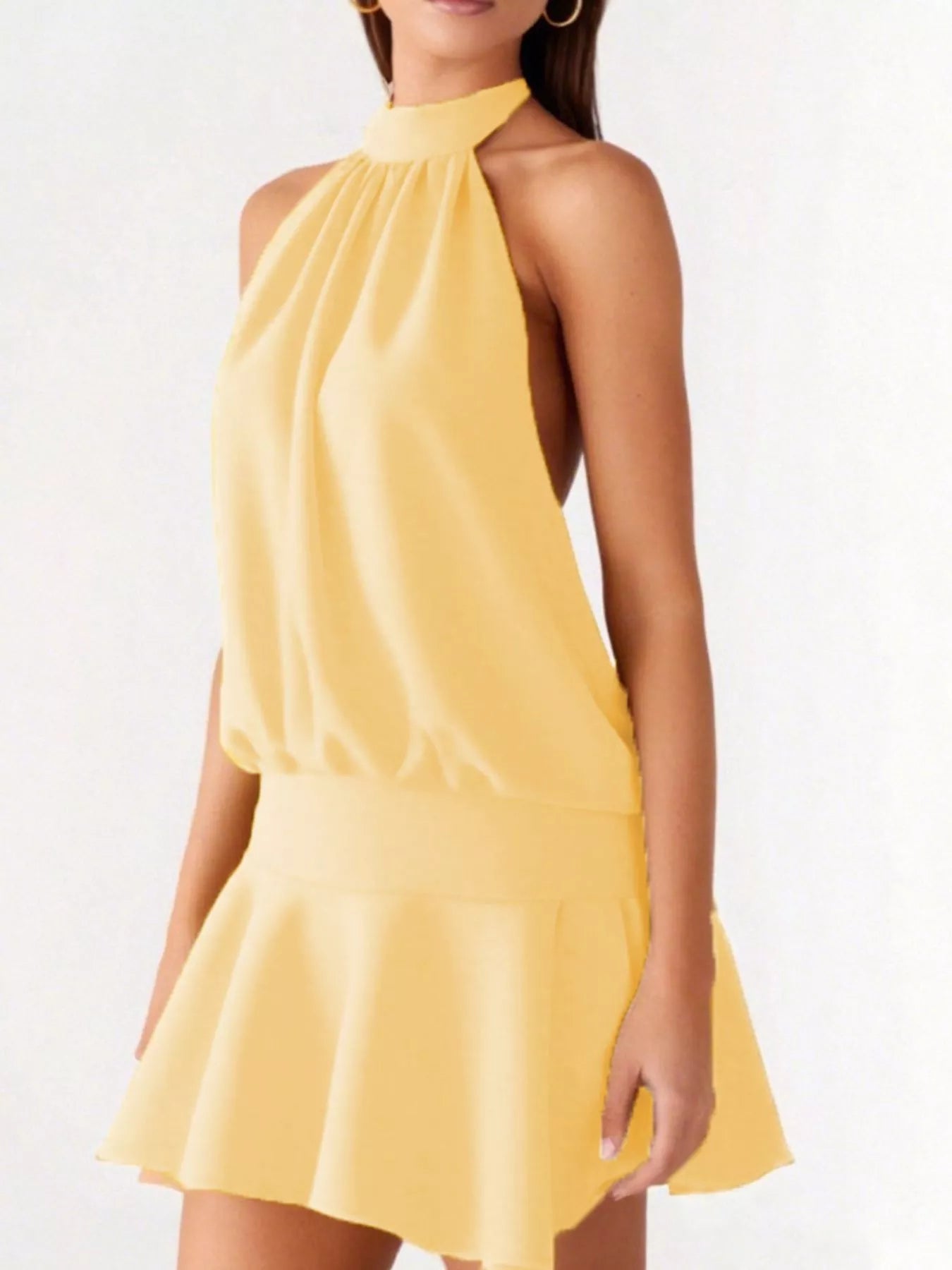 Backless Halter Neck Gathered Waist Dress
