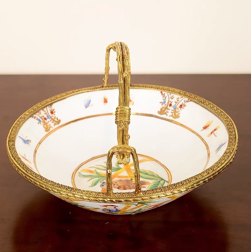 Brass Fruit Bowl Ornamentdesktop Living Room Decor Featuring A Copper-and-porcelain Fruit Basket