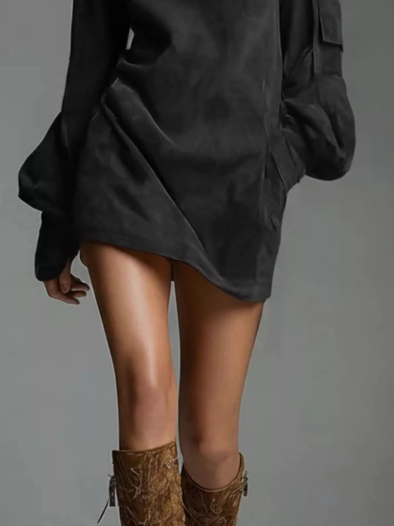 Full Size Suede Turtleneck Lantern Sleeve Mini Dress Plus Size