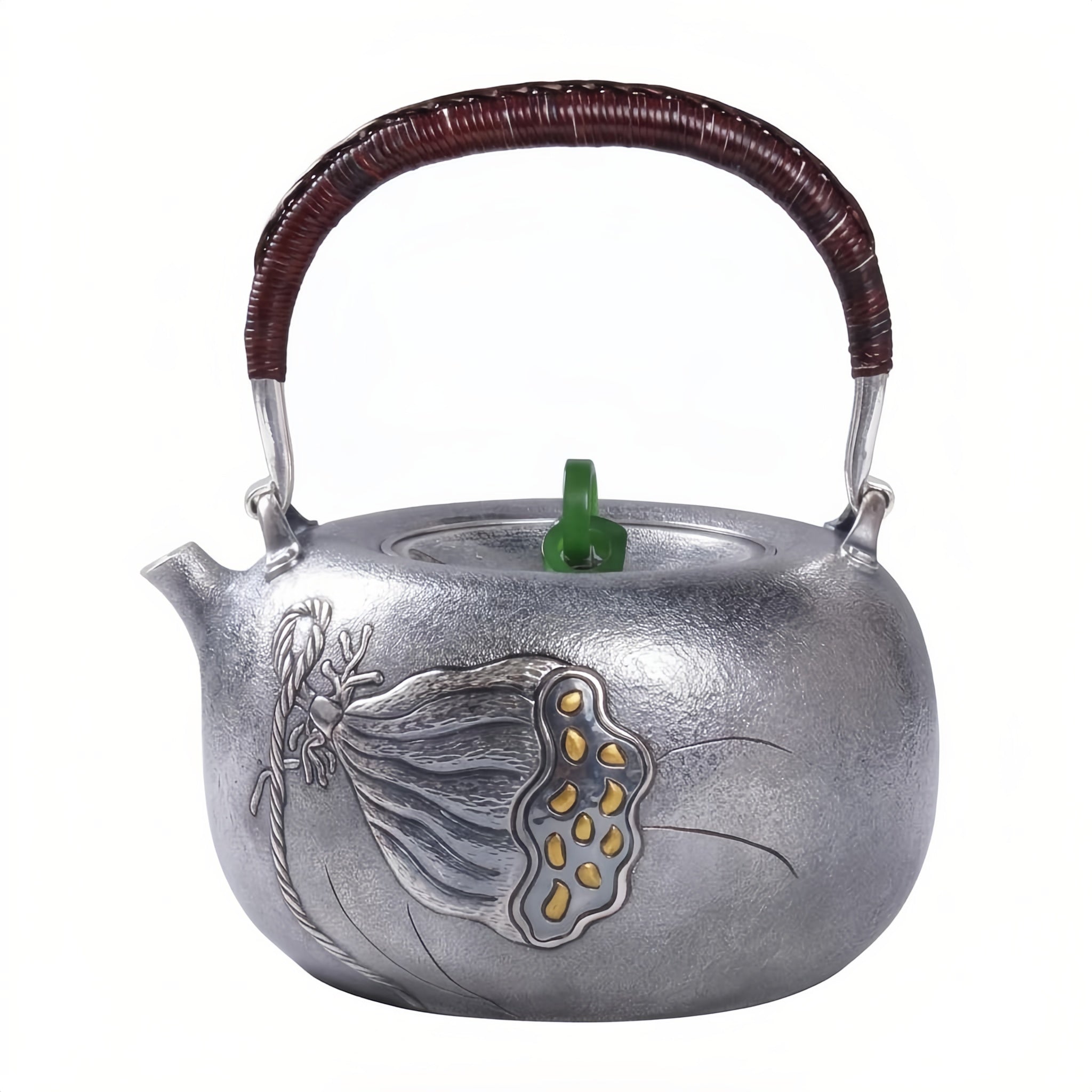 Pure 999 Fine Silver Handmade Silver Teapot with Lotus Seed Pod Motif and Woven Rattan Handle - Handicraft