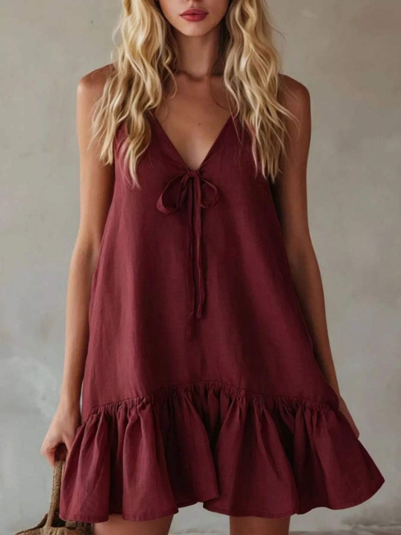 V-Neck Tie Front Ruffle Hem Mini Dress