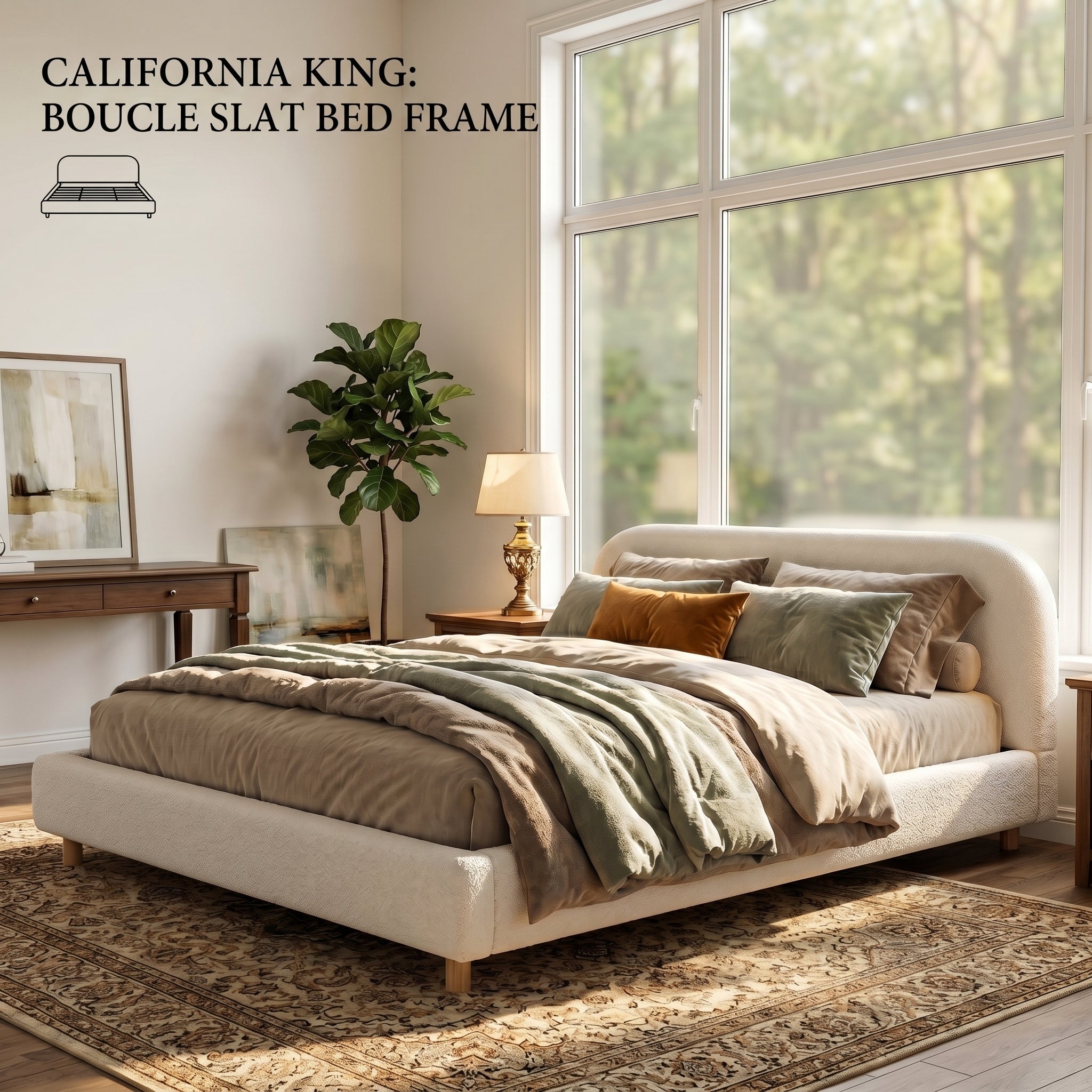 California King Size Upholstered Bed with Boucle Fabric and Curved Headboard