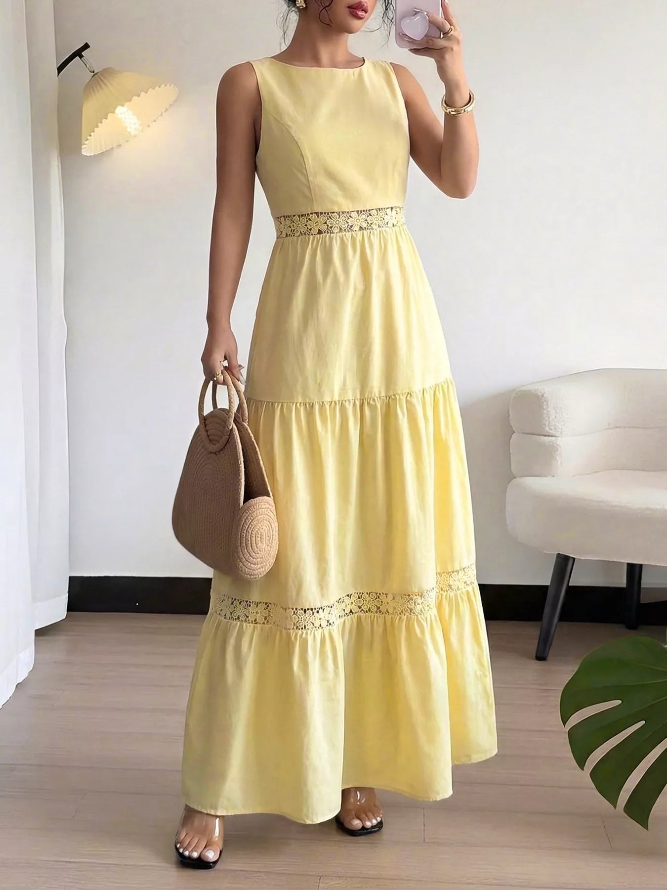 Lace Trim Sleeveless Tiered Maxi Dress