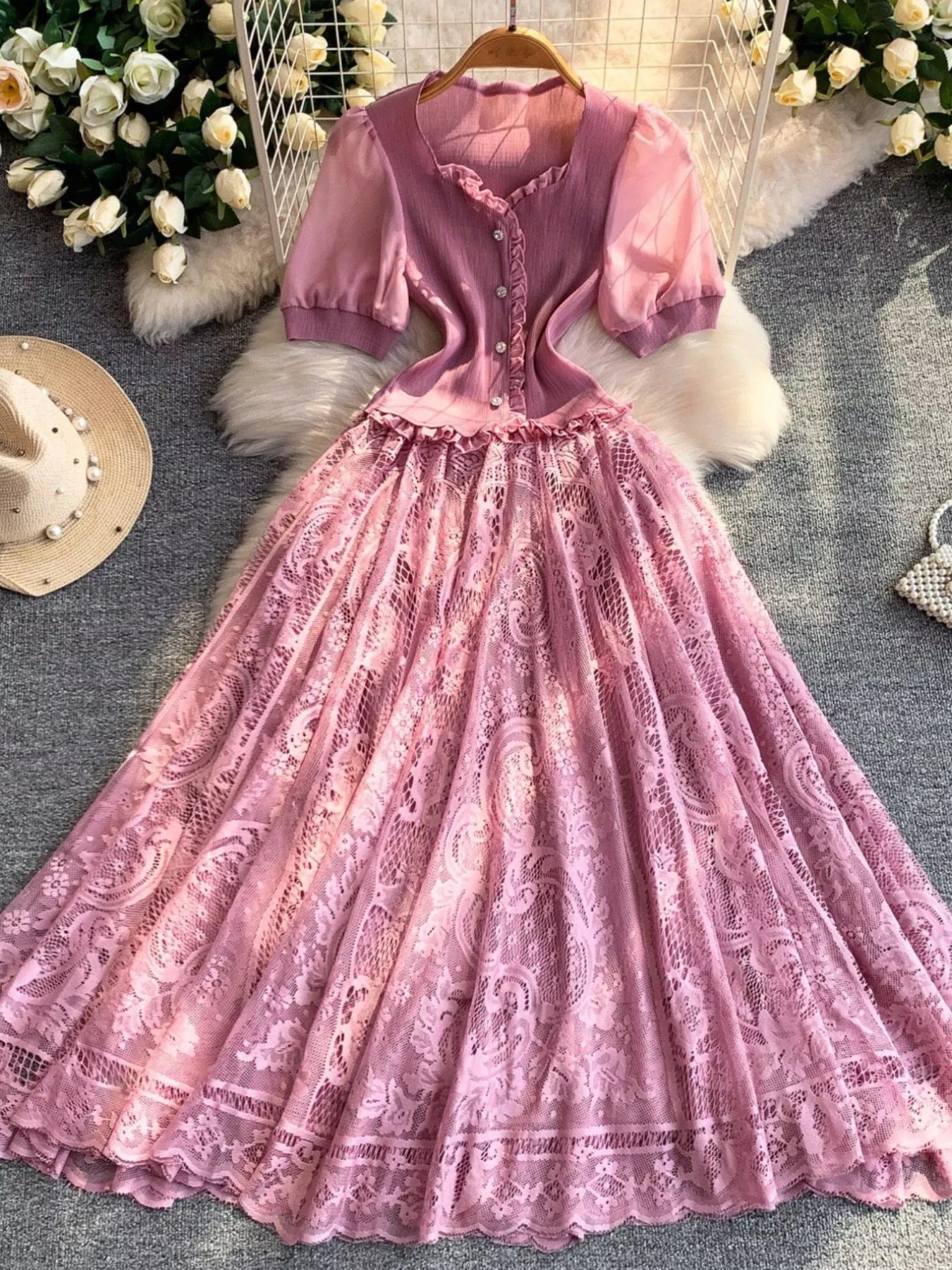 Lace Panel Puff Sleeve Dress