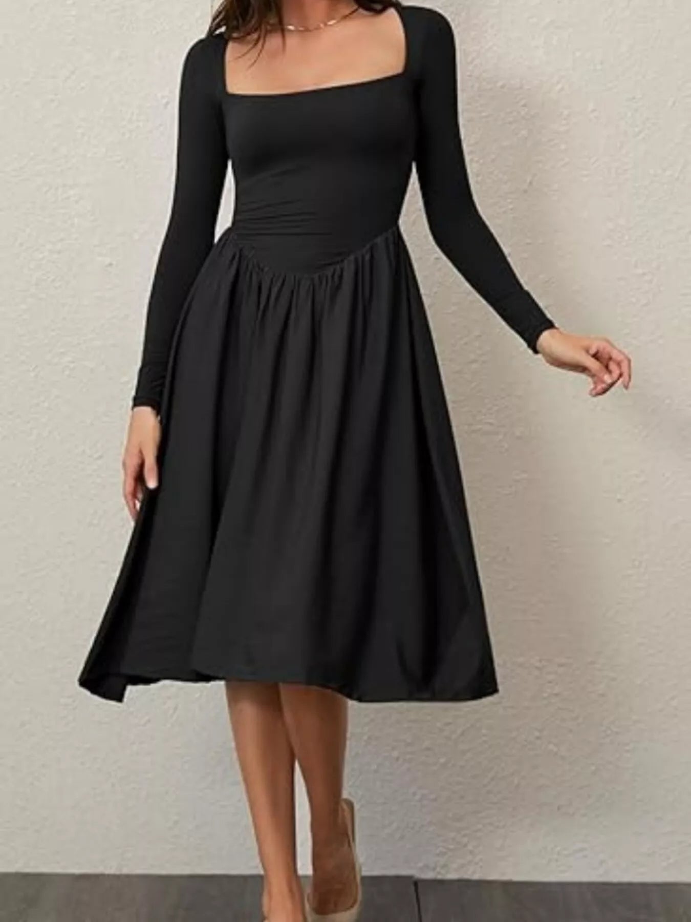 Square Neck Long Sleeve Midi Dress