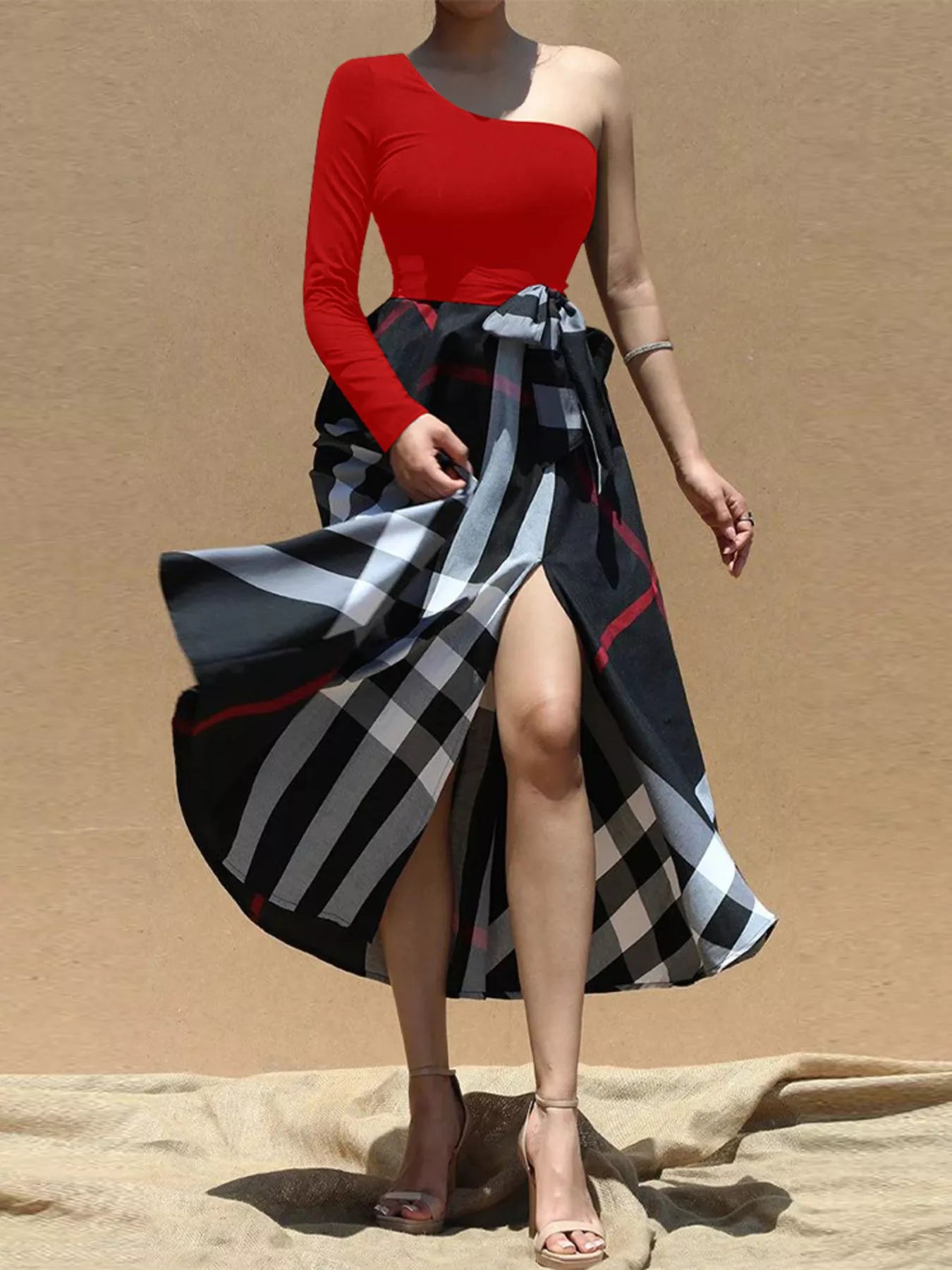 Asymmetrical One-Sleeve Plaid Midi Dress with Waist Tie
