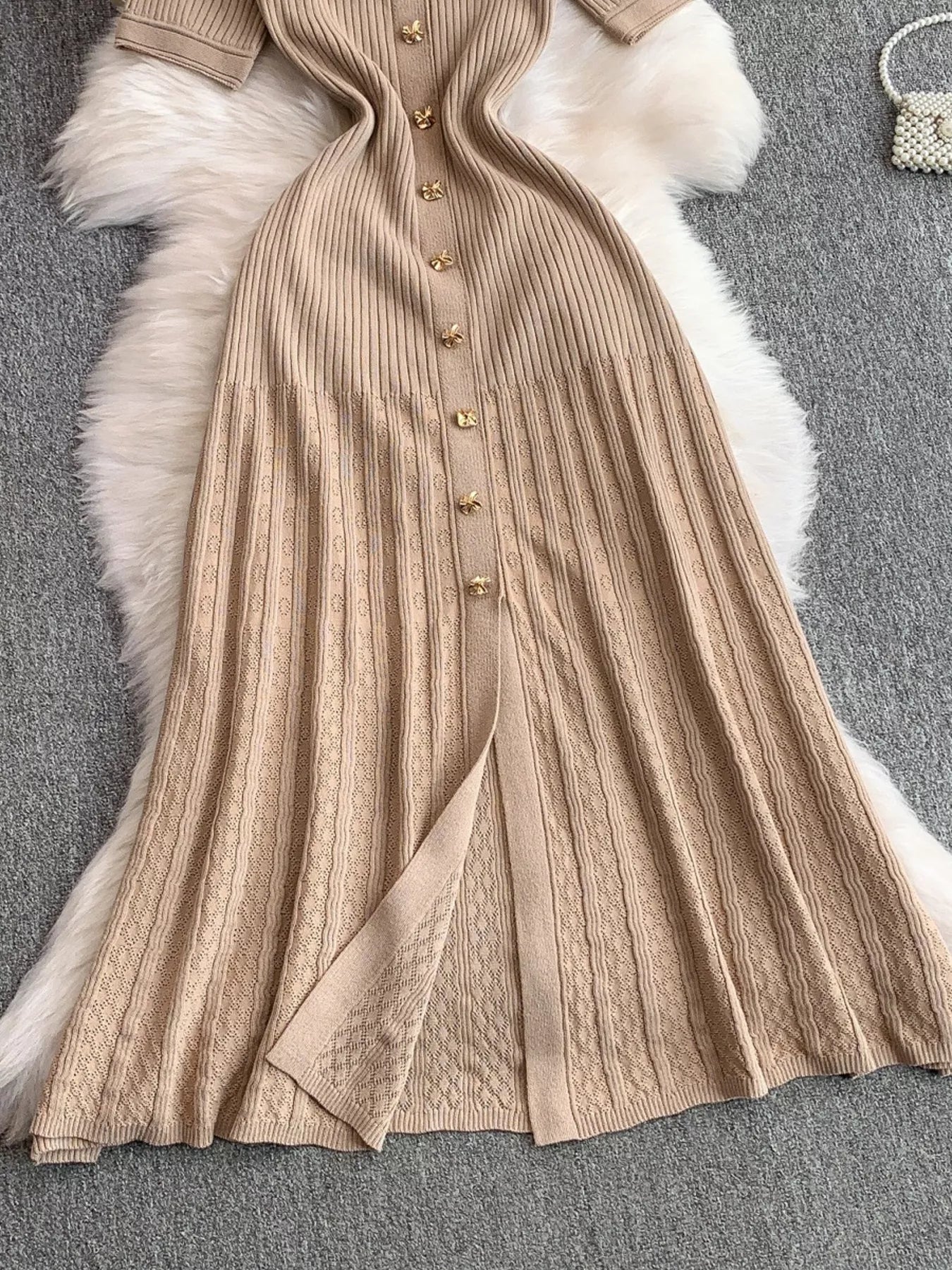Button Front Ribbed Knit Midi Dress