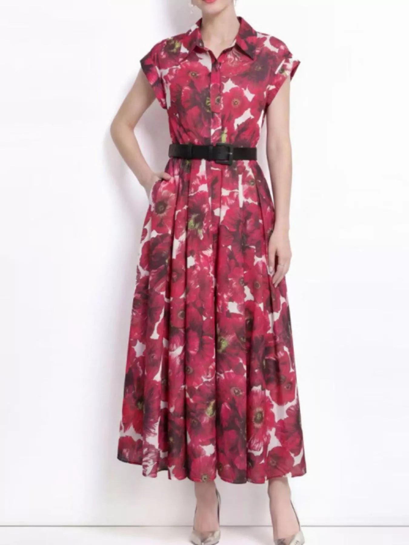 Printed Button Front Cap Sleeve Dress