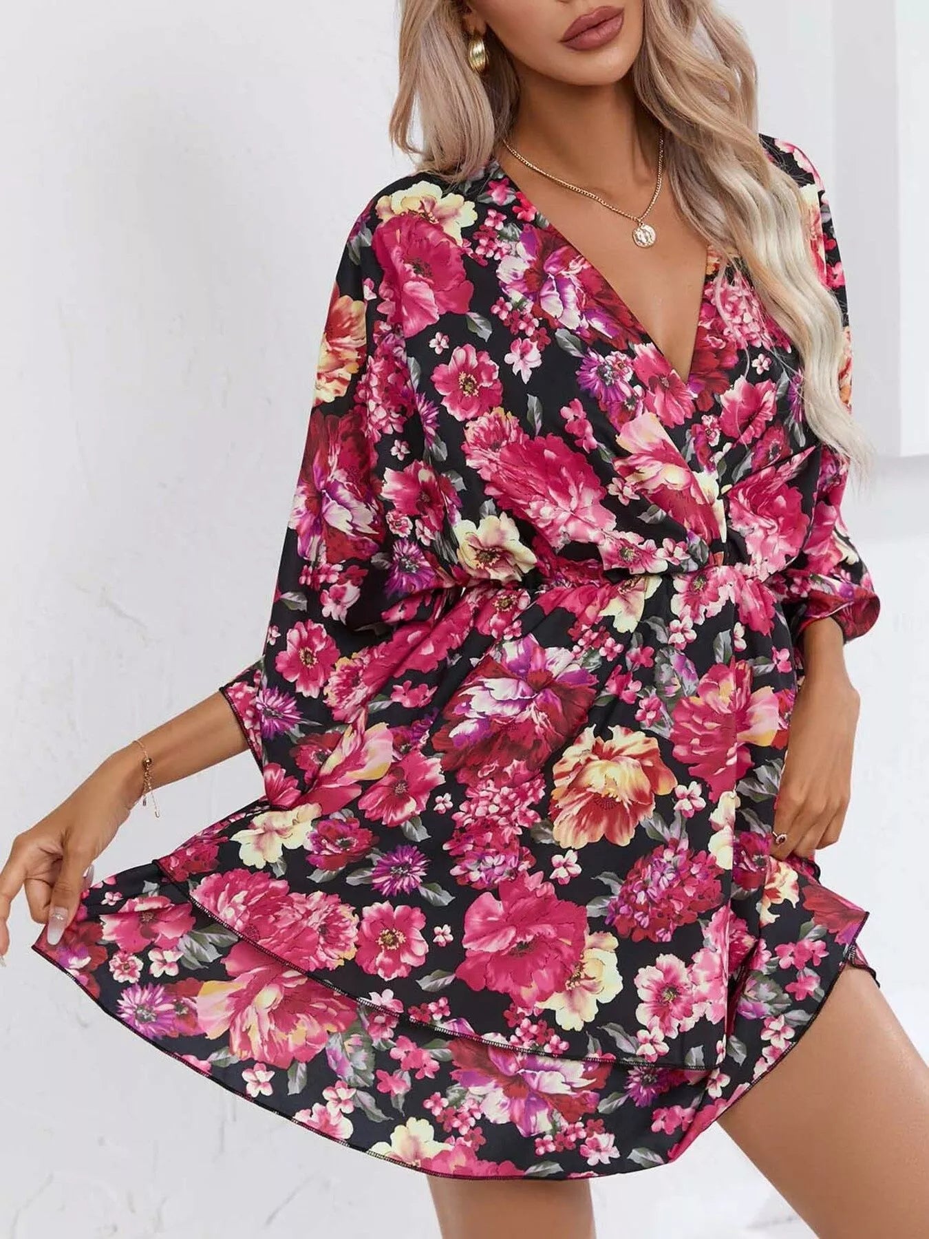Floral Print Layered Ruffle Hem Mini Dress