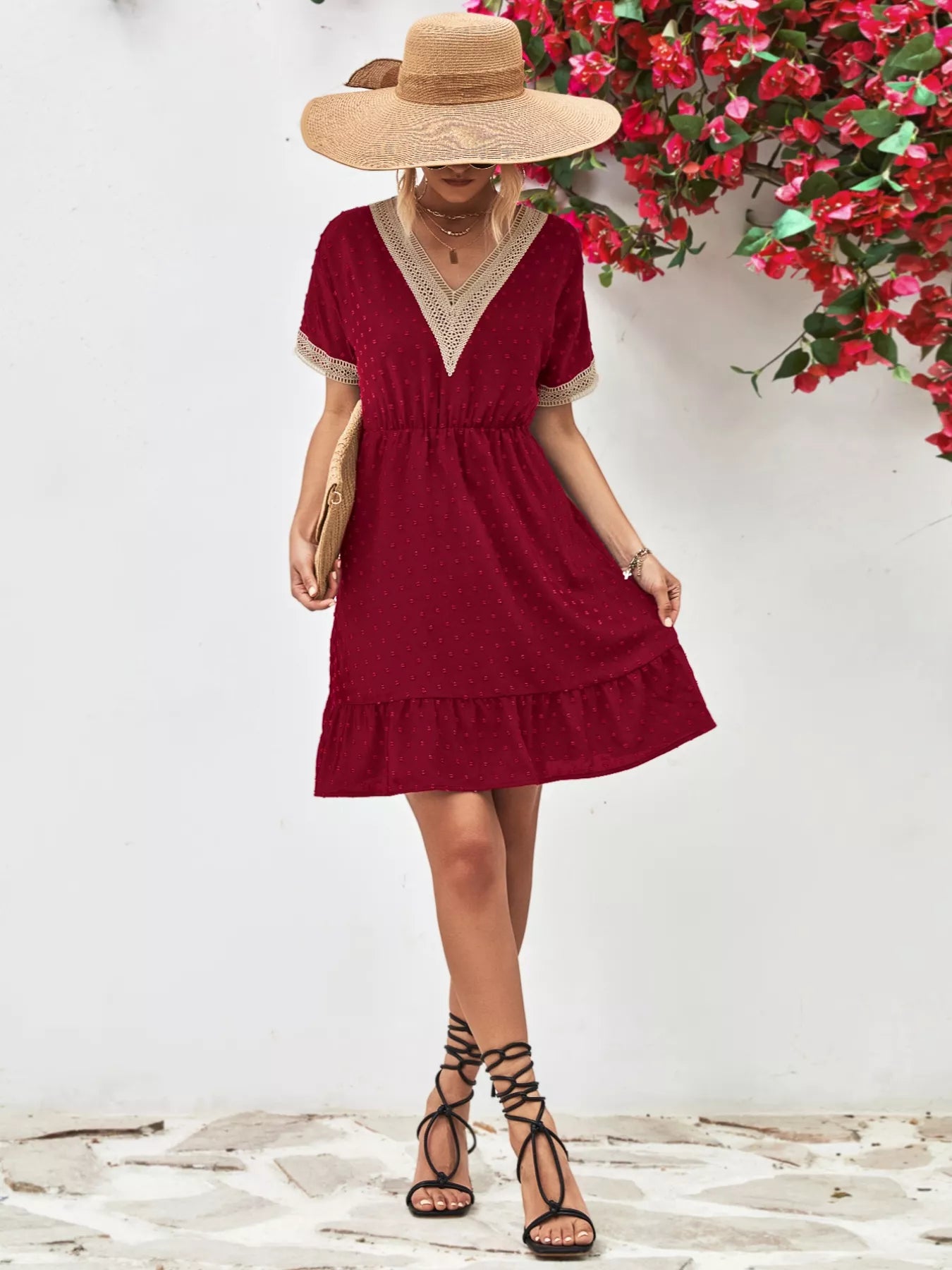 V-Neck Swiss Dot Ruffle Hem Mini Dress