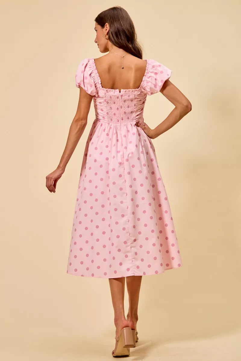 SO ME Polka Cotton Print Short Sleeves Midi Dress