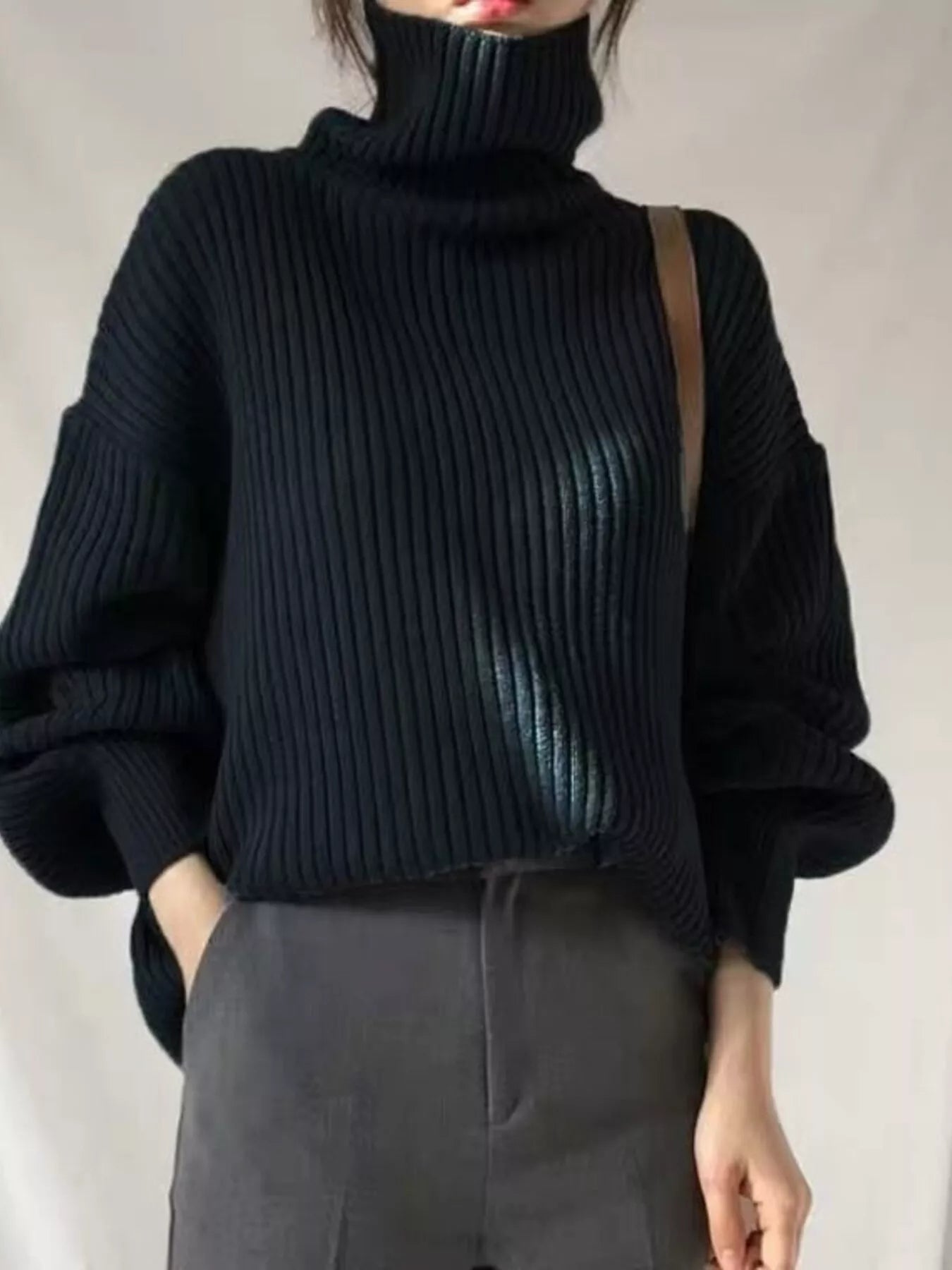 Oversized Turtleneck Ribbed Knit Sweater