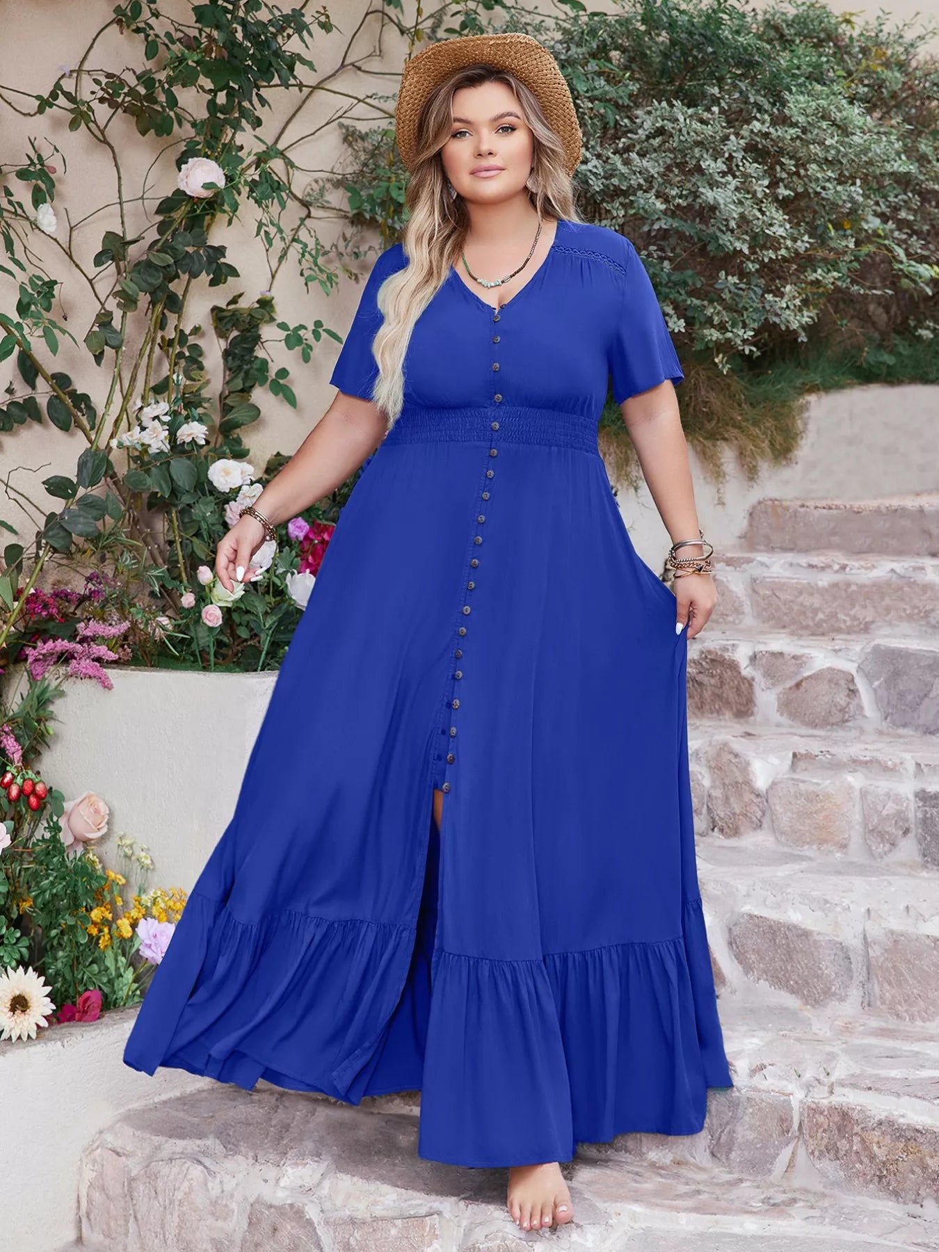 Plus Size Ruffled Hem V-Neck Maxi Dress