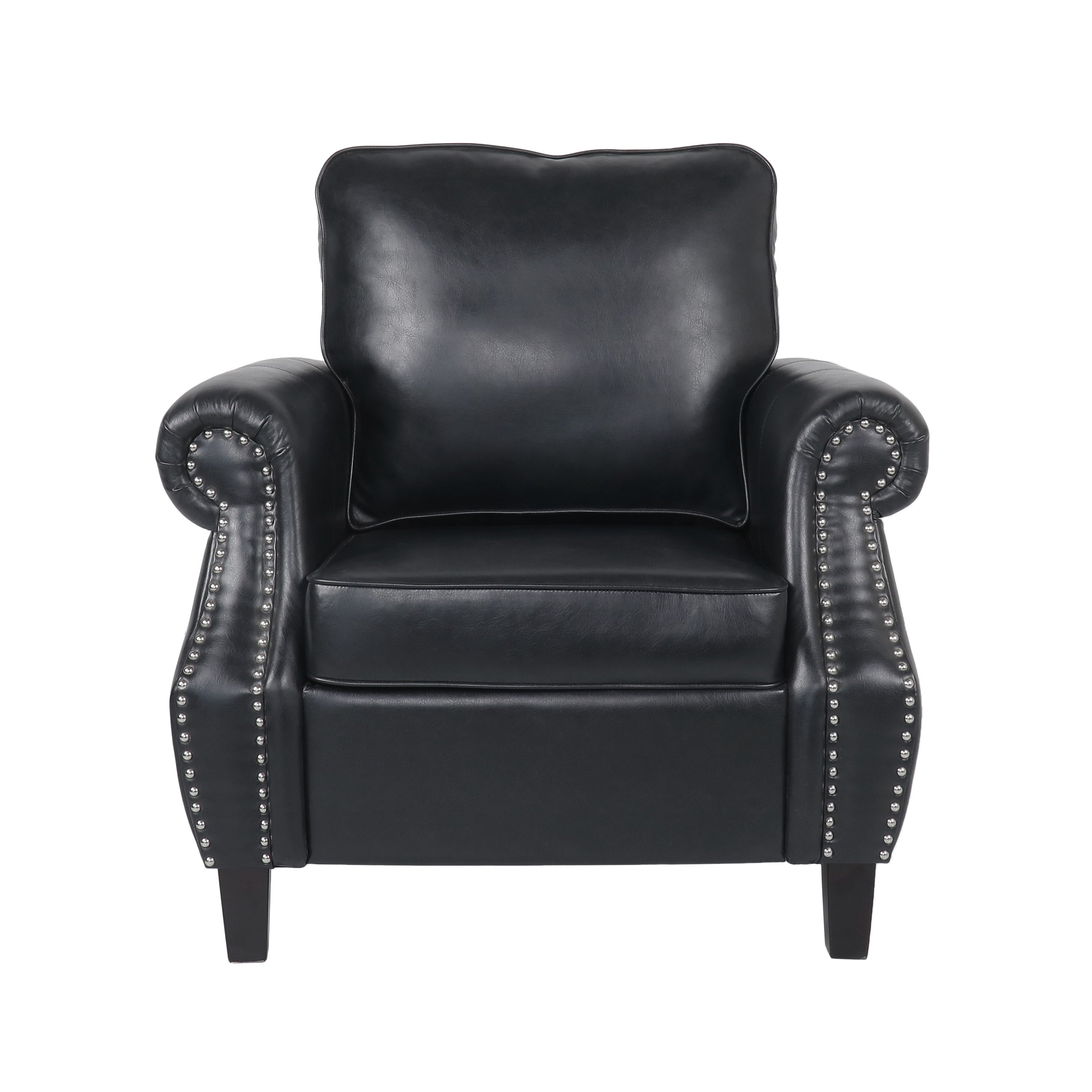 Club Chair Contemporary PU Leather Black Rolled Arms Nailhead Trim 37 In