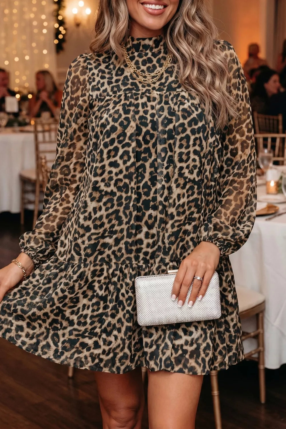 Leopard Print Long Sleeve Short Shift Dress
