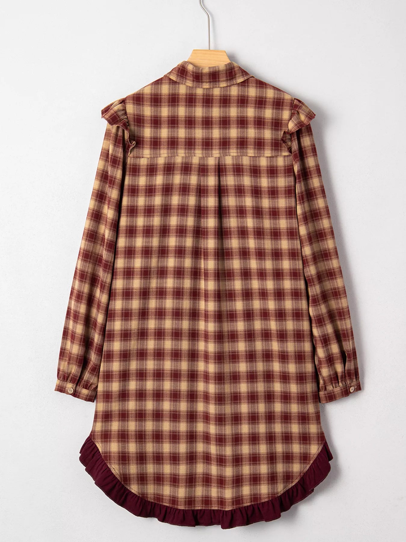 Plaid Print Ruffled Long Sleeve Patchwork Hem Mini Shirt Dress