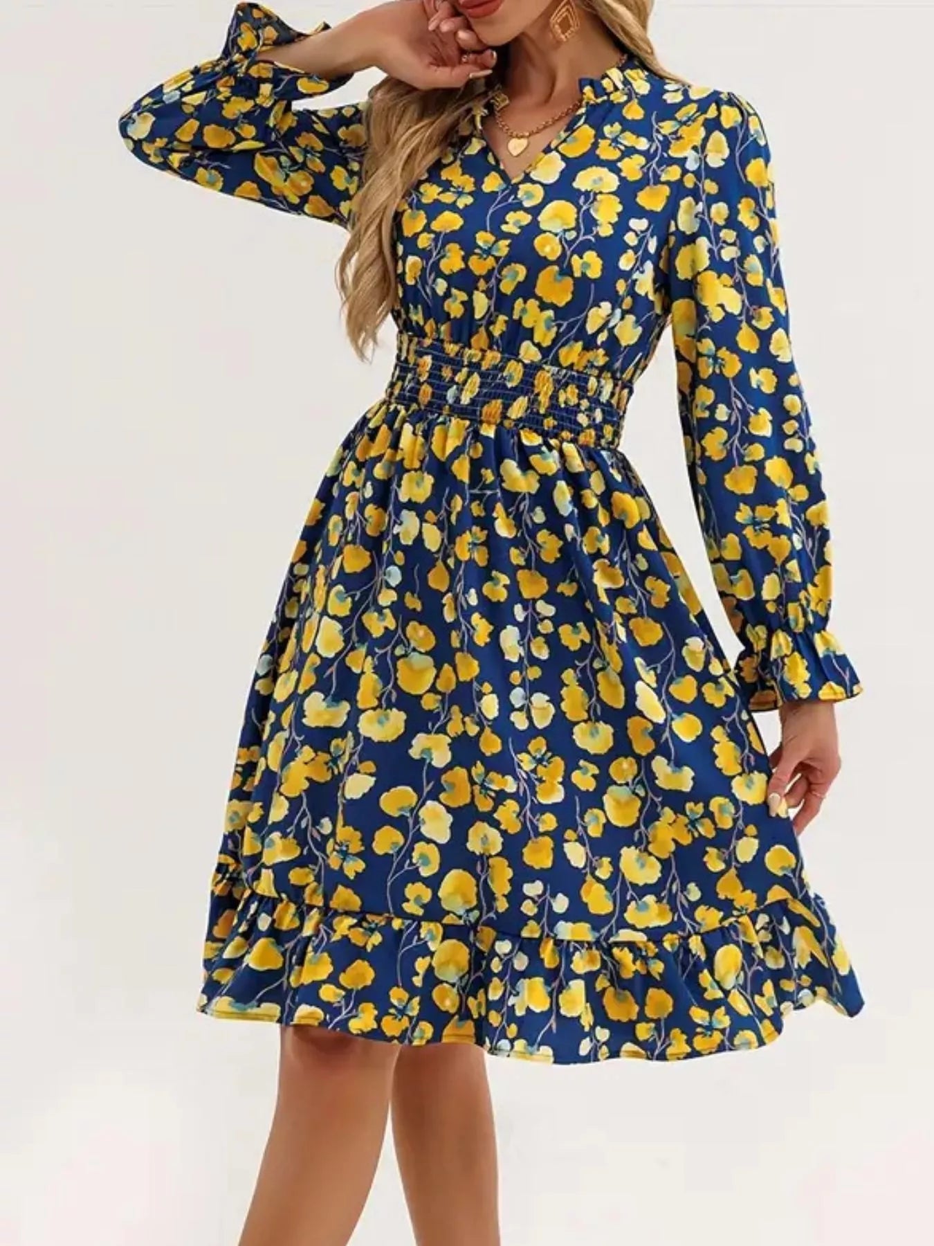 Floral Notched Flounce Sleeve Dress