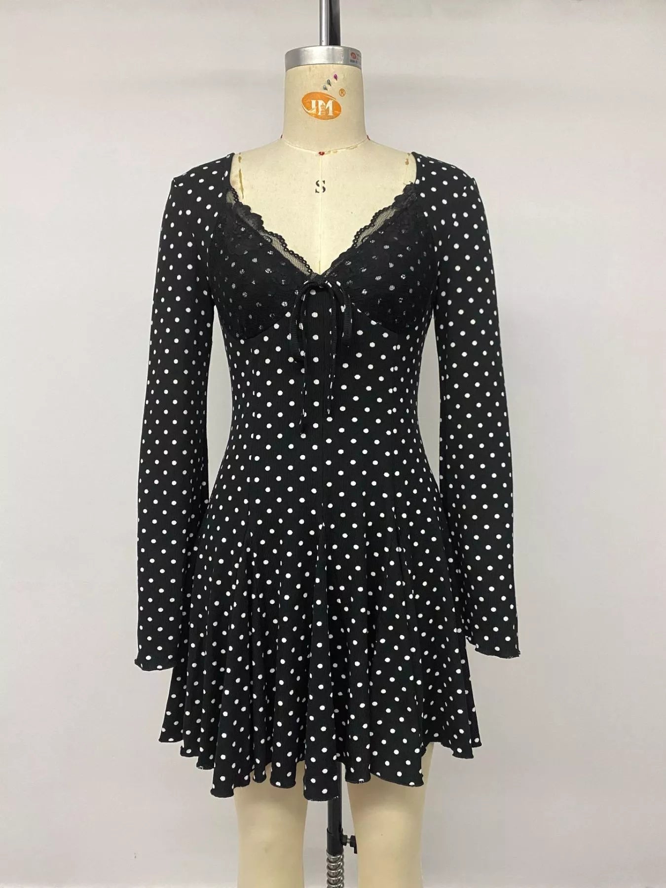 Polka Dot Lace Trimmed V-Neck Mini Dress
