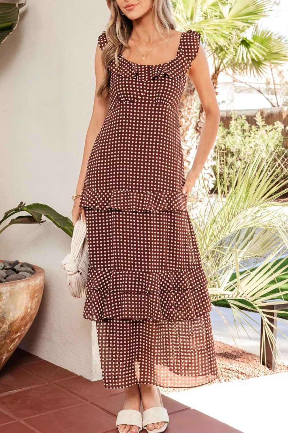 Polka Dot Print Backless Ruffled Tiered Maxi Dress
