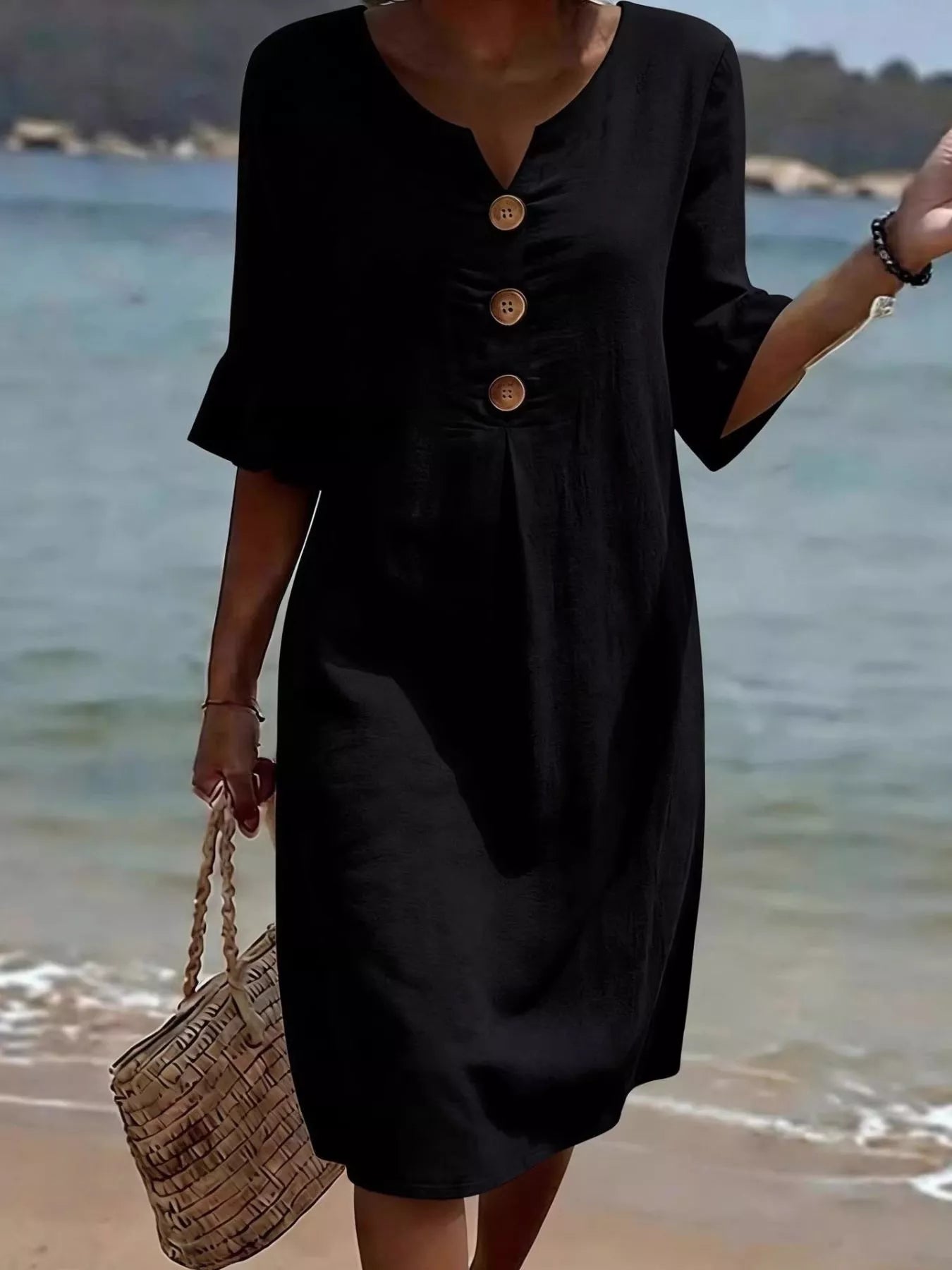 Full Size Button Decor Ruffle Sleeve Midi Dress Plus Size