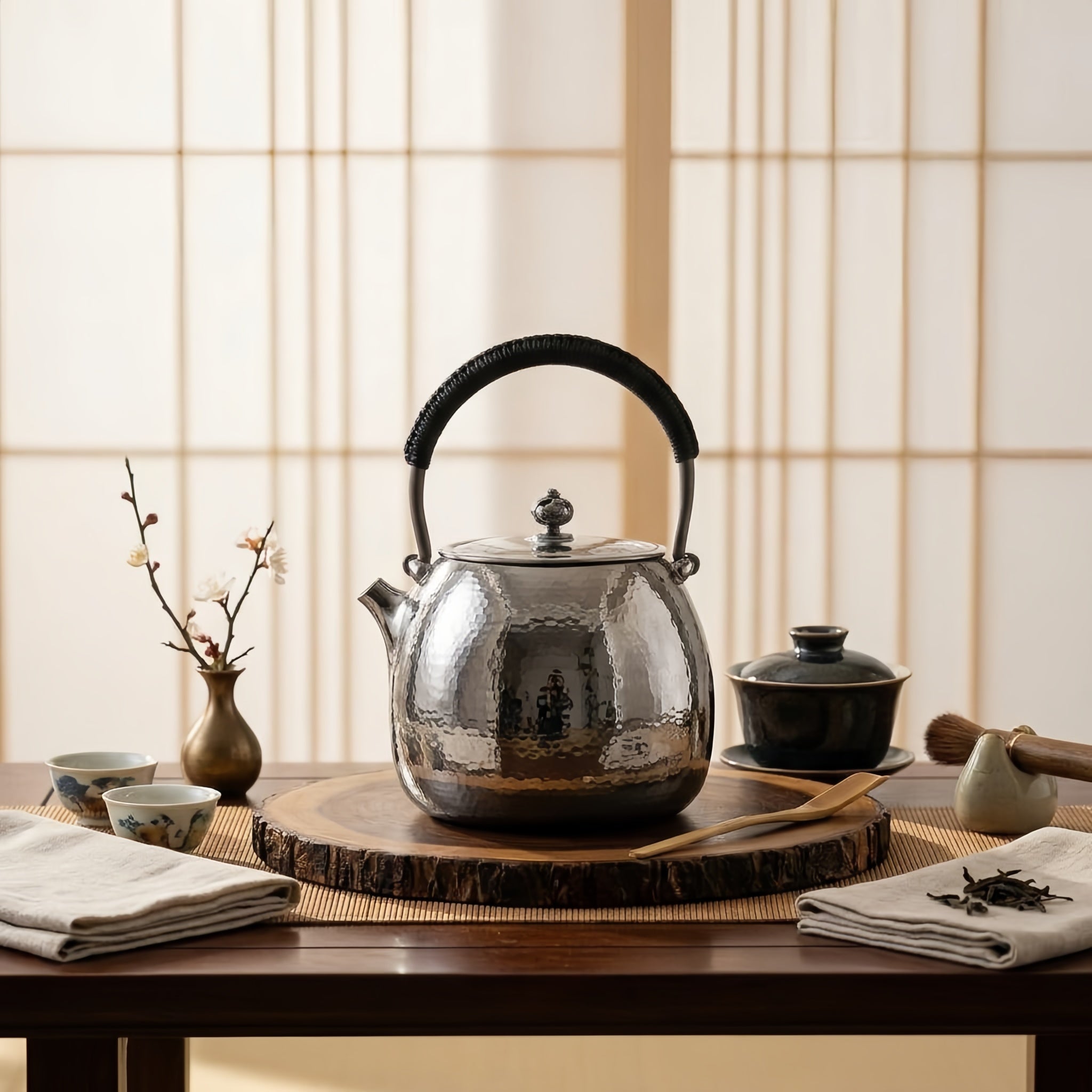 Pure 999 Fine Silver Elegant Hand-Hammered Polished Silver Teapot with Traditional Woven Handle - Handicraft