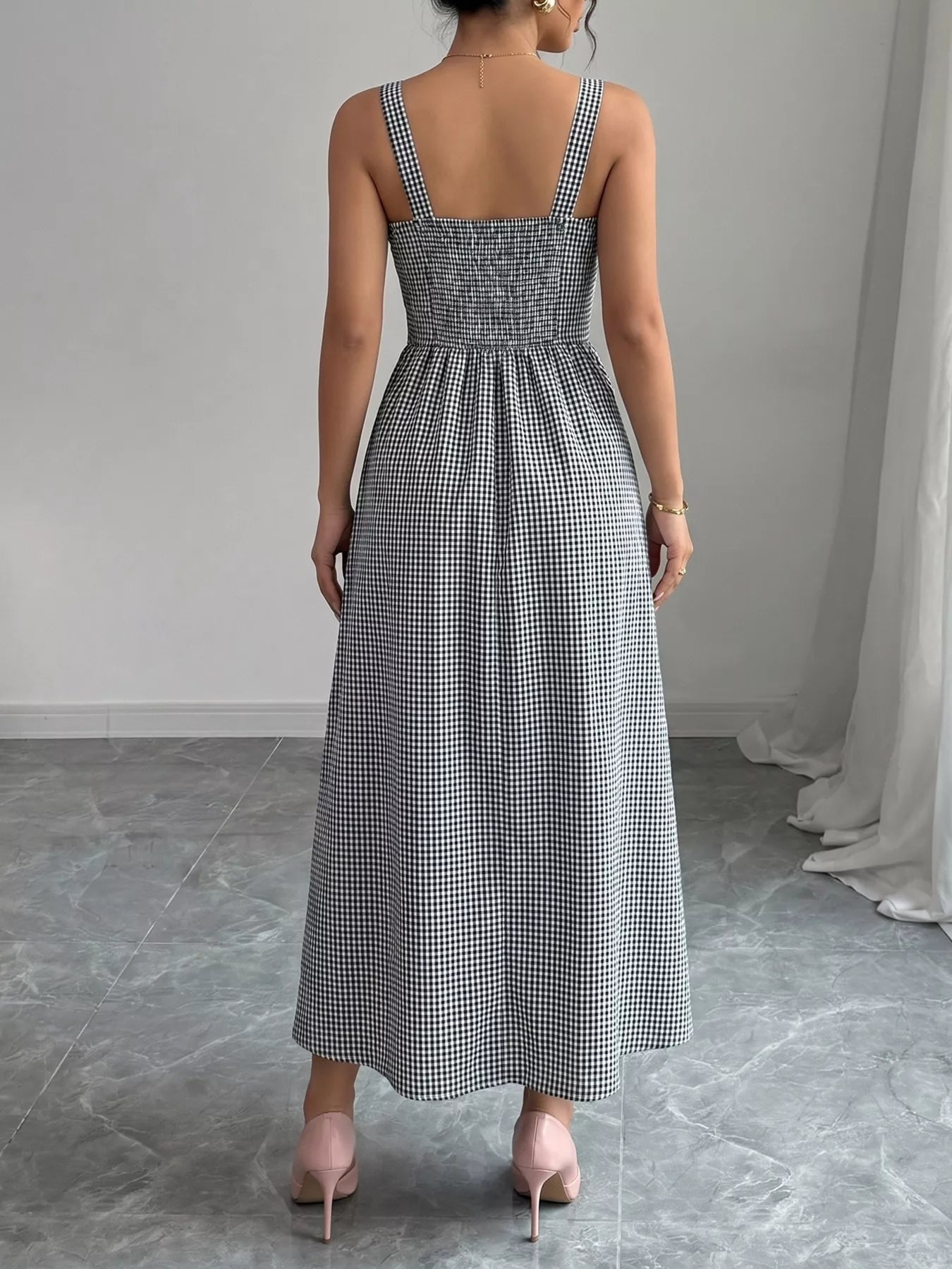 Square Neck Gingham Midi Dress
