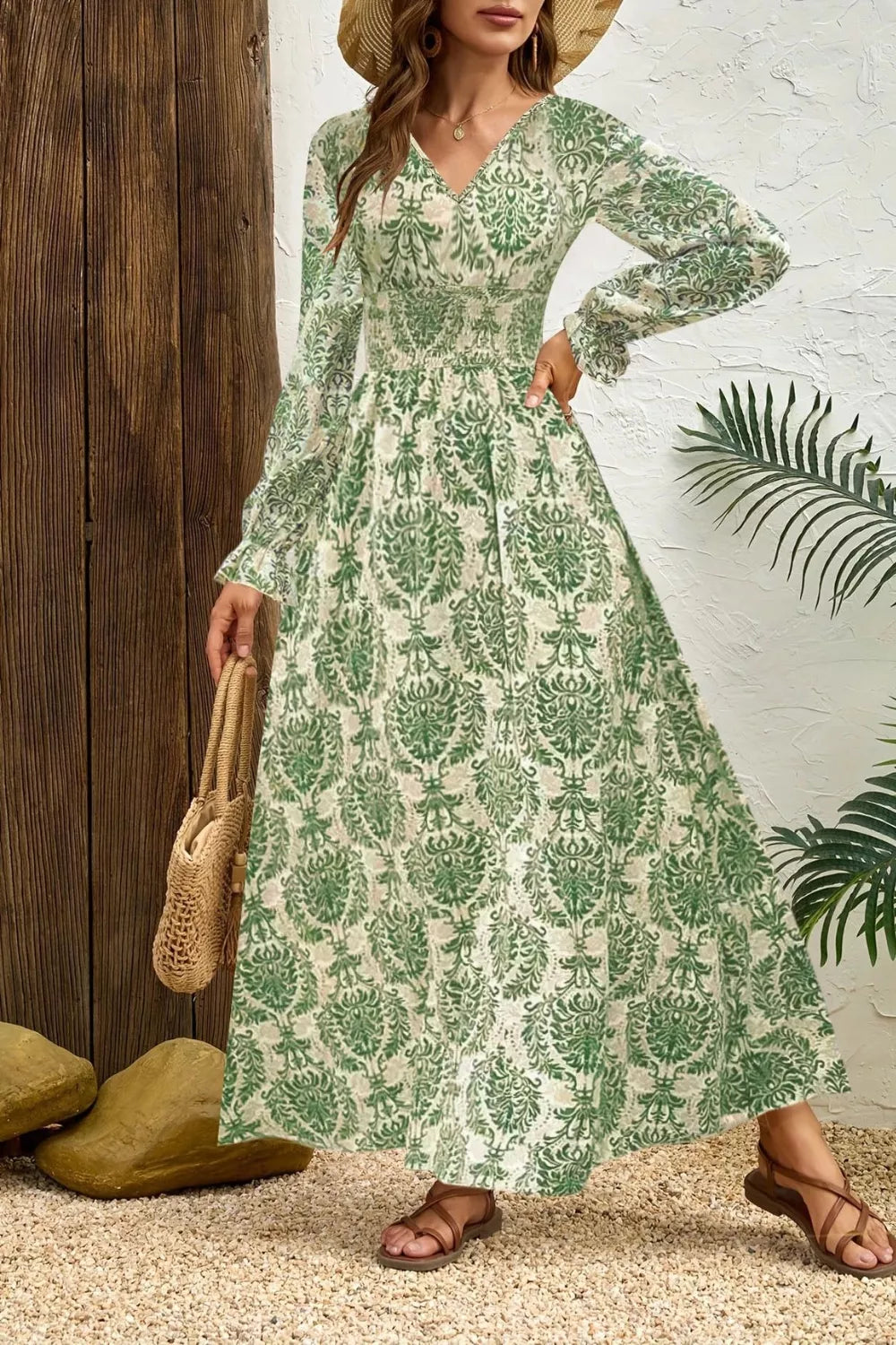 Printed V-Neck Long Sleeve Maxi Dress