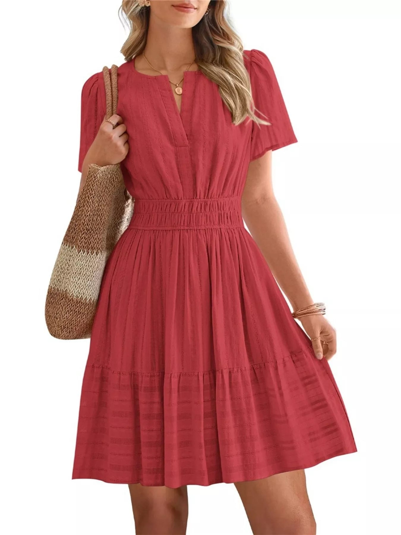 Short Sleeve Smocked Waist Tiered Dress