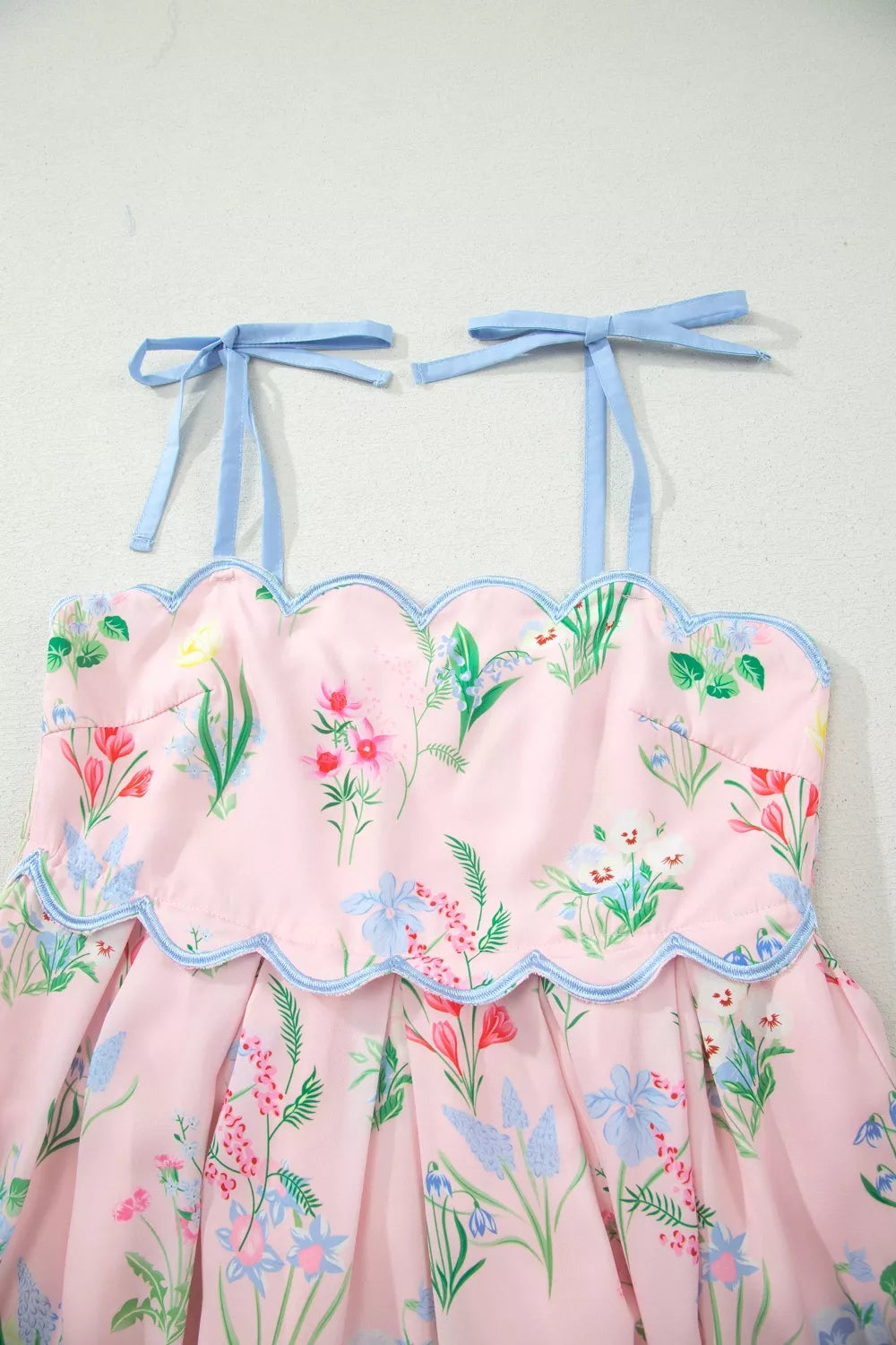 Floral Print Contrast Trim Self-tie Straps High Waist Midi Dress