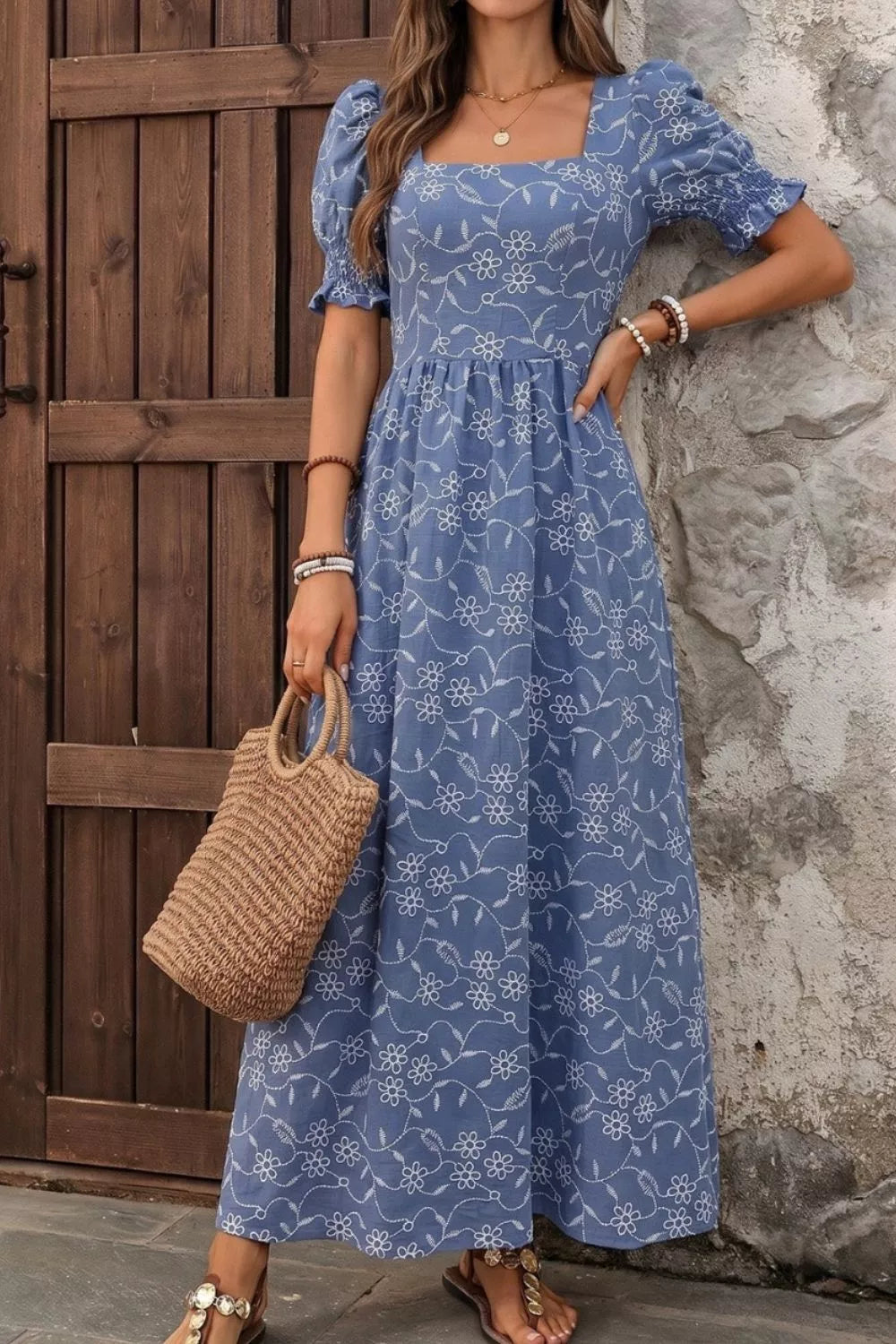 Square Neck Puff Sleeve Maxi Dress