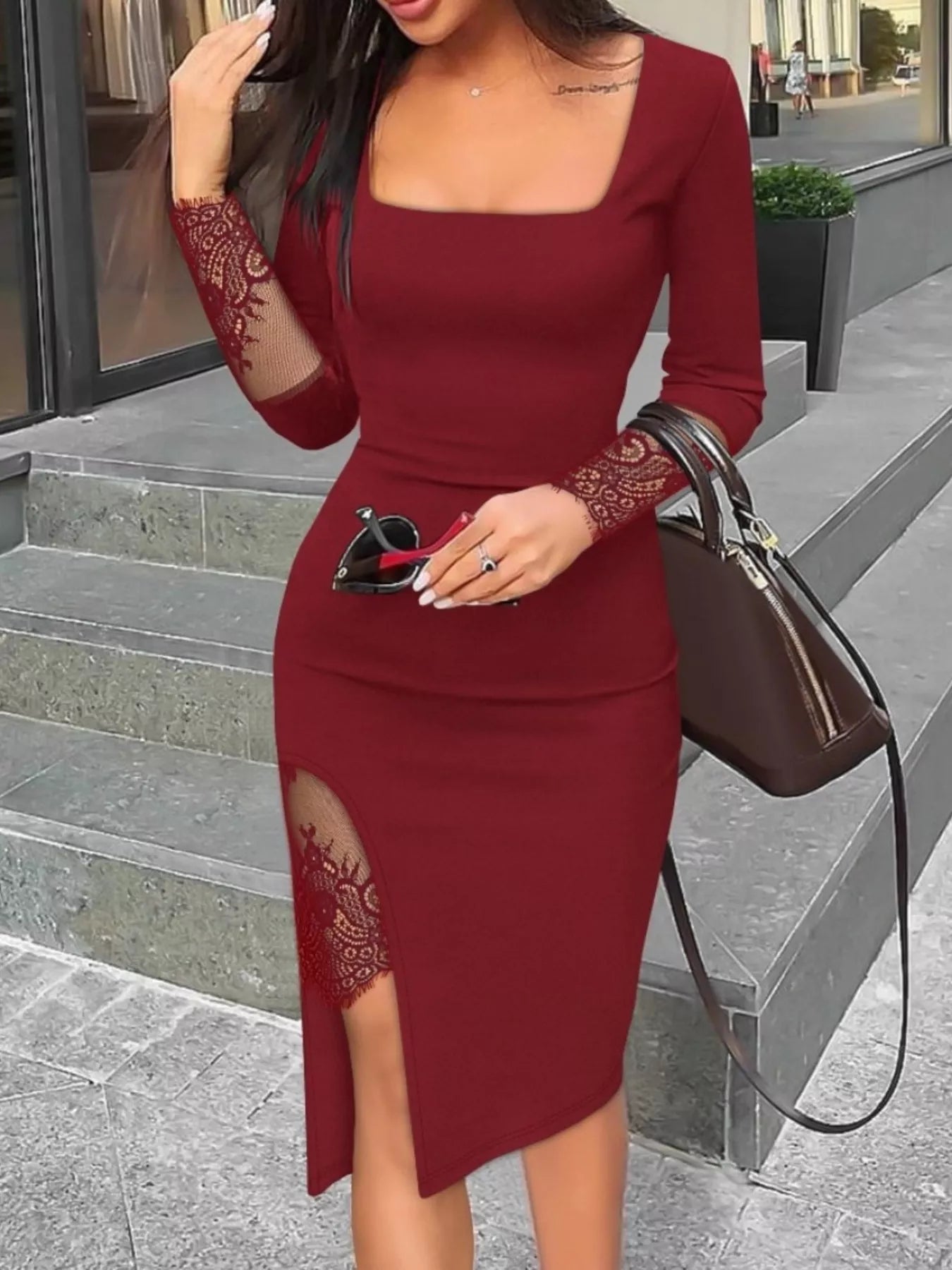 Lace Detail Square Neck Slit Midi Dress
